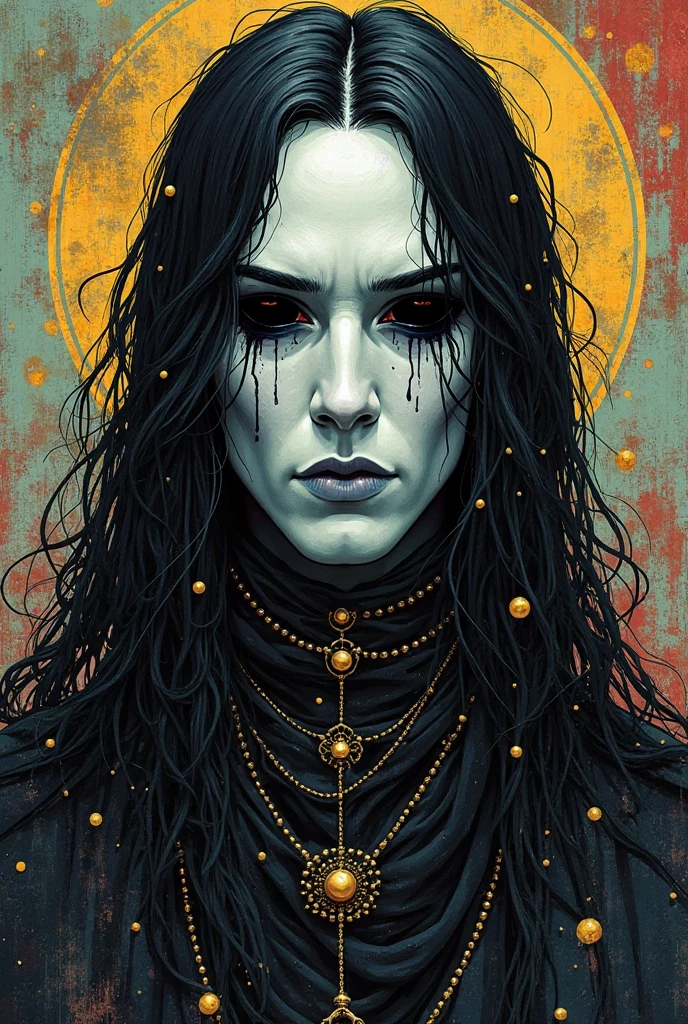 yellow and black, a medieval female black witch, in the style of Mork Borg, strong contrast, grunge dirty punk splash art, black metal zine