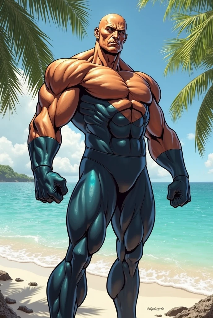 Very muscular furry humanoid cool looking lizardman, black color, red eyes, heavy weight, bodybuilder builds, wear a white speedo, very big bulge, at the beach, glistening skin, very sweaty, sweaty skin, 4k, realistic, vibrant color, one eye wink, cheerful smile.
