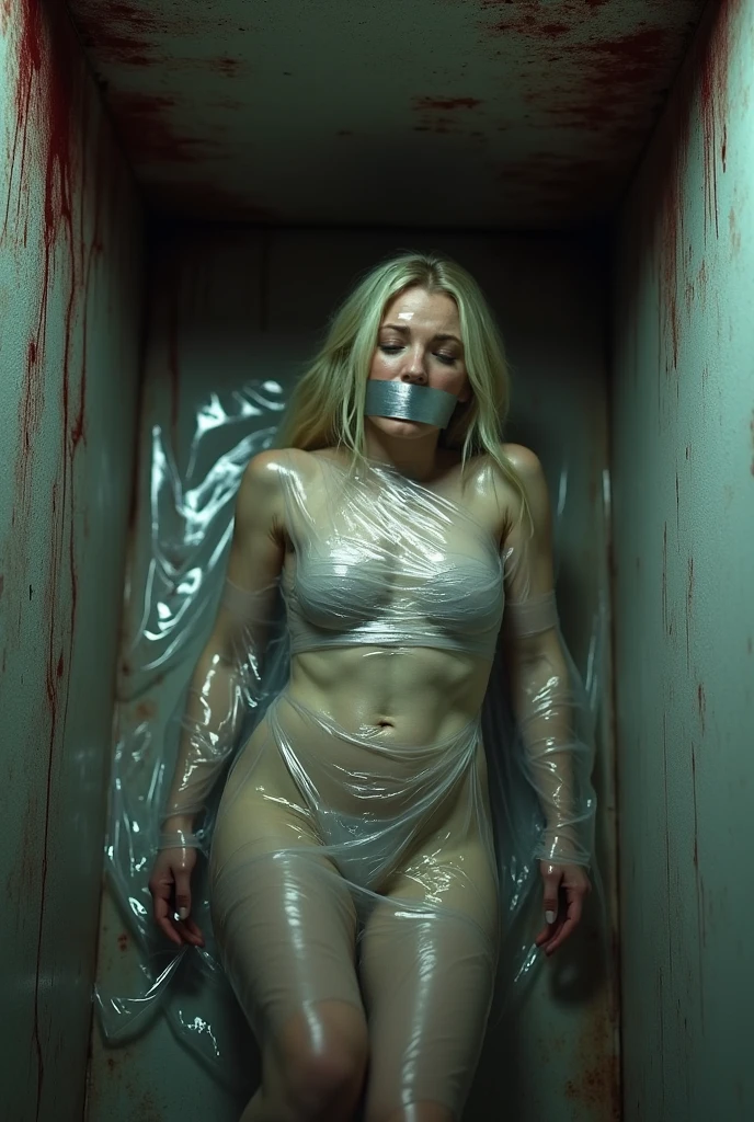 15 year old girl with medium length blonde hair, children's pigtails hair, hair ribbon, Caucasian female facial structure, crying, golden necklace, she is wearing a sheer tight wedding dress, visible nipples, marked nipples, she in a dark jail, spreading her legs