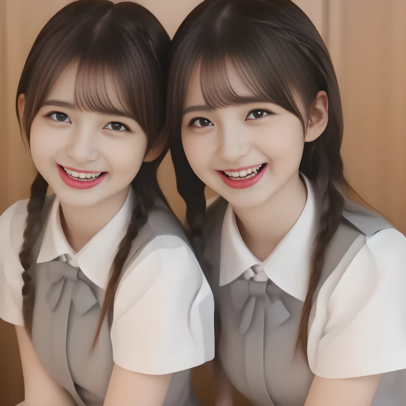 (highest quality, masterpiece, high resolution:1.2), 4K, (Photo quality detailed foreground: 1.2), geometry, (Two neat noble beautiful slender girl, girly very-long-braids-hair too beautiful photo model are seated, looking up the viewer like praying, squeezing and (drinking the viewer), and (giving contempt laughter at the viewer) with her too beautiful eyes like laughing fashion model: 1.7), (Using expensive face-whitening cosmetics to make her skin more beautiful and pure by professional makeup artist: 1.5), ((Light-Gray) Japanese school girly vest Uniform with neat girly light-yellow short-sleeves school blouse, puffed short sleeves: 1.2), (white socks and school loafers: 1.5), (Dark blue glossy glossy school ribbon on the breast: 1.0), (Extremely laughing cheeks: 1.8), (Beautiful light-amber large clear open eyes with balanced and detailed cutely: 1.4), (double eyelids: 1.0), (highly curled bangs: 1.2), (Glossy lips: 1.0), (too long very neat braids hair: 1.7), (white and clear skin: 1.0)