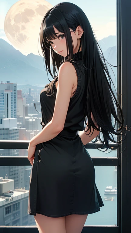 a girl, Small vest jumpsuit pleated short skirt, big neckline, reveal gorgeousness(black)Lace lingerie, Looks cute, mature body, silm figure, Seductive eyes, Seductive action, perfect feet, Slender legs, perfect hands, Slightly saggy big breasts, Smooth skin, Full body image, movie lighting, movie quality, highlight the subject, low light environment, Black silk socks, Heeled leather shoes, seductive cleavage, curly hair, very long hair, side swept bangs, long uppereyelashes, wide-eyed, upturned eyes, color contact lenses, aqua eyes, mole under eye, earrings, makeup, light smile, shy, blush, brown hair, layer cut, anime style, cinematic lighting, depth of field, pov, lens flare, bokeh, f/2.8, Depth of Field, UHD, masterpiece, best quality, highres, 8k, anatomically correct, highres, textured skin, ccurate