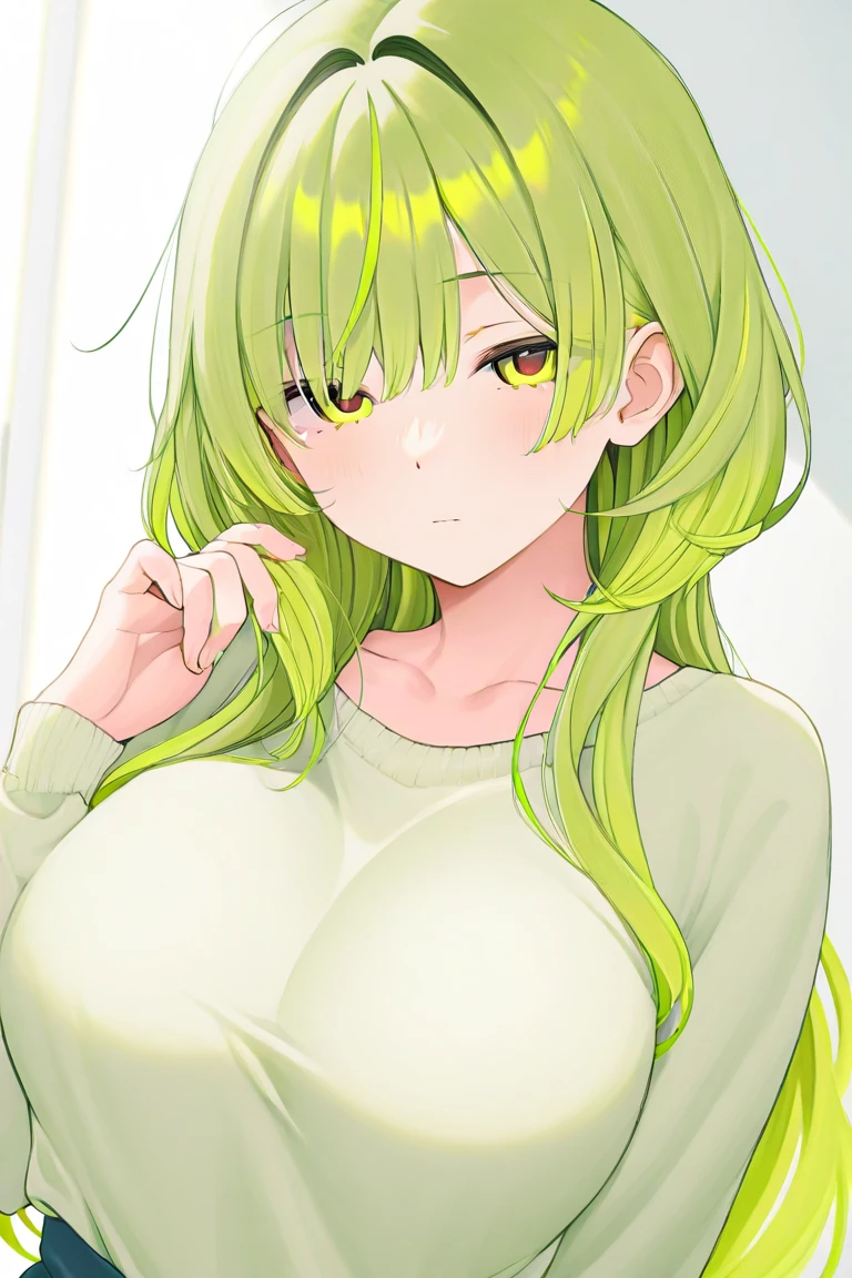 Neryll Tu Odelschwank, Green hair,yellow-eyed, skull, face markings,Large breasts,ssmile , Open your lips, Happy, Room Wear