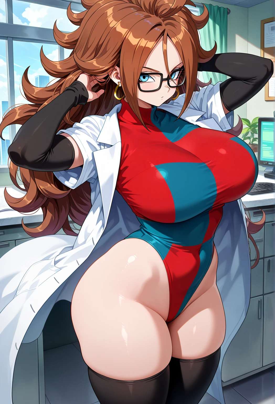 (defa21, glasses, naked, nude, labcoat, black pantyhose, asymmetrical boots,blue eyes, by the chestnut, vestido a cuadros, calentadores de brazos, pantimedias negras, Asymmetrical boots, nsfw,+18,(pecho enorme,pechos grandes:1.1)