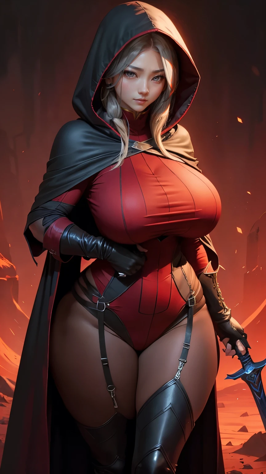 spawn2023, female, 1girl, large breasts, wide hips, toned body, textured suit, collar, intricate,night sky, long cape, red cape, chains, skulls, glowing green eyes, red gauntlets, spikes, dramatic lighting, beautiful portrait, hyper realistic, raw image, 8k, uhd, best quality, award winning photo, rtx on, unreal engine 5, full body, wide angle shot, head to toe, absurdres, large red boot, large gauntlet, flowing cape, asymmetrical red armor, night, dim lighting, shadows, action shot, motion, winding cape, dark background, sexy