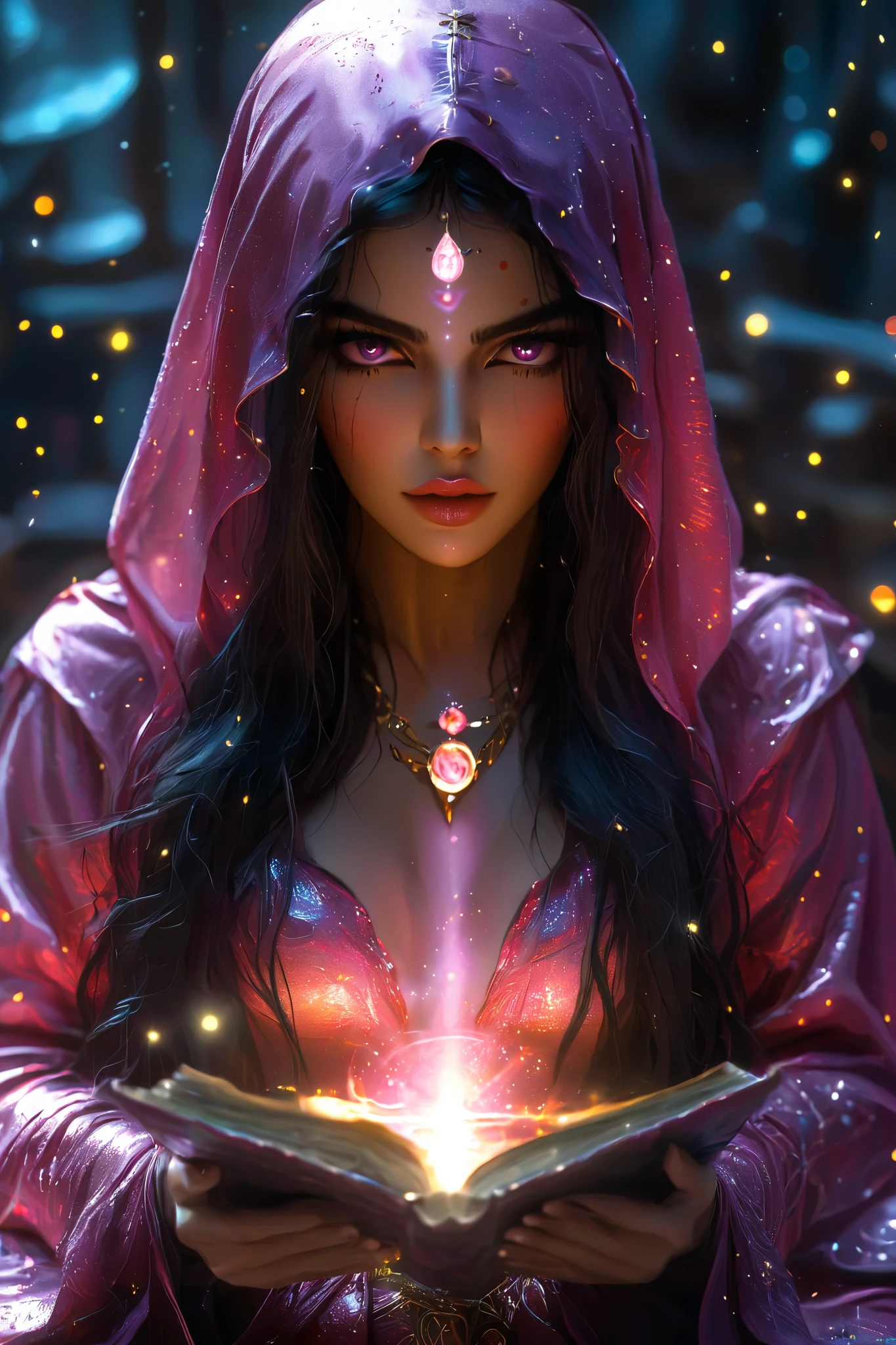 Magnificent, A robed astrologer sits quietly at a table covered with symbols,showing up a gypsy tarot cards in her hand,sits on the Zodiac table cloth,glowing eyes,glowing colorful zodiac, There is arabic text at the bottom of the card, fit snugly on face, Tarot, Very high texture quality, Front and sides, Full of mysterious magic, the Front and sides are on the card, The overall color is dark pink and bright gold, Reflective shiny gold, Ultra-detailed face, Ultra-fine clothing texture, Ultra Detailed,glowing golden aura background