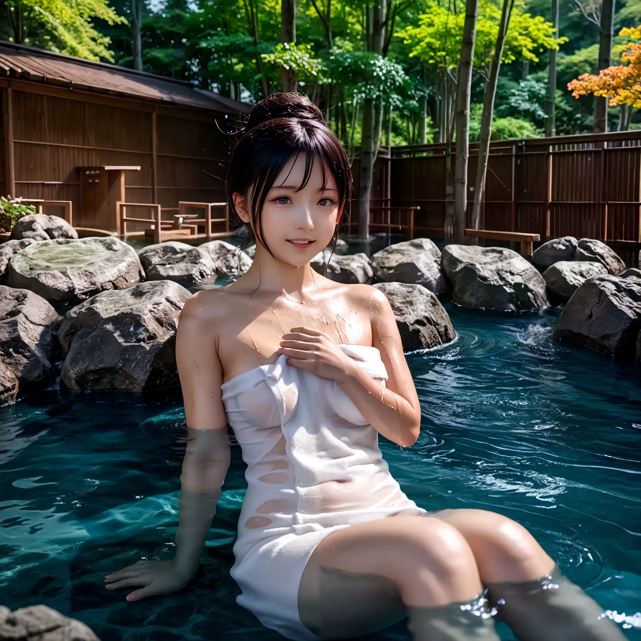 best quality 、high quality of wavy lines 、 最high resolution、high resolution、8K quality、high image quality 、best quality、 masterpiece 、Immersive video、 very realistic images 、Realistic painting、 perfect details 、 high contrast 、High fidelity、 perfect picture without blur、Close to reality、 images reproduced in every detail、 detailed and realistic weapon 、 detailed and realistic human skin 、 realistic face down to the smallest detail、 Realistically detailed eyes 、 realistic lips drawn down to the smallest detail 、 Detailed and real teeth、Realistic ears、 Realistic hair 、((Japanese Models))、((gravure idol))、(( HIGH SCHOOL GIRLS))、((Young Face))、((black hair))、(( medium rounded chest))、((stylish body illuminated by moonlight ))、(((Wet skin all over)))、((Deep in the forest))、((A natural hot spring springs forth ))、(( Hot springs surrounded by rocks))、((Deep Hot Springs ))、((The open-air bath is surrounded by a Japanese garden and large rocks))、(((Woman in water)))、(((Lower body submerged in water)))、((( Sitting in Water (Submerged Body )))、(((部分的にSubmerged Body )))、((( I can see through my skin.wrapping a wet towel around her body )))、((( I can see through my skin. a transparent towel wrapped around her body )))、(( Naked towel digging into breasts ))、(((Steam from the surface of the water)))、(( subject close-up ))