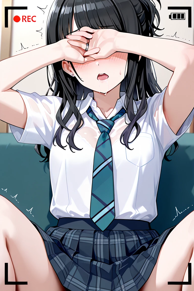 20 years old,1 mature woman,hyperrealistic, 8k, (extremely detailed 8k), (very delicate and beautiful), (masterpiece), (better quality:1.0), (ultra high resolution:1.0), (masterpiece, best quality),cute,black hair,ponytail,POV,full body,white background,realistic skin,collared shirt, pleated skirt,bow,leaning forward
