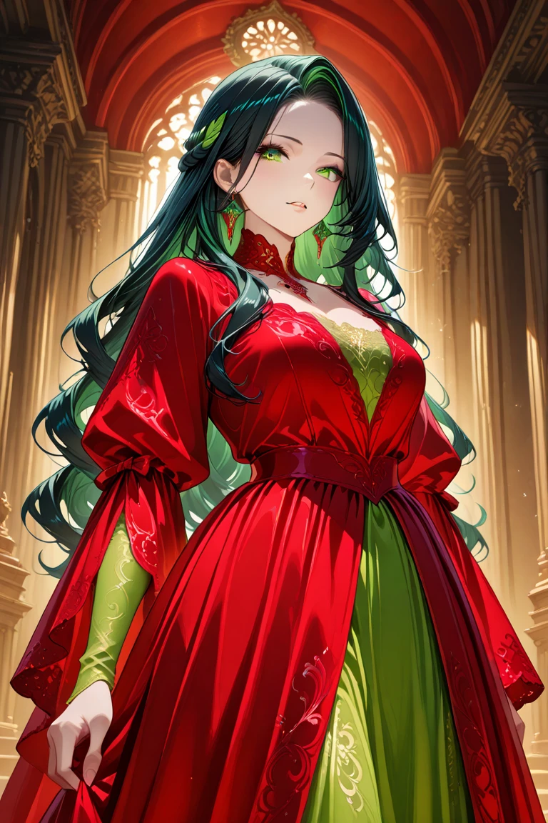 **Name:** Seraphina "Sera" Valtoria **Age:** 28 **Appearance:** Seraphina is strikingly beautiful, with a commanding presence that captivates those around her. She has long, wavy raven-black hair that cascades down to her waist, often adorned with intricate braids and small jewels reflecting her status. Her almond-shaped, emerald-green eyes have a piercing quality, conveying both warmth and an underlying intensity. Her skin is fair, with a hint of olive, and her full lips are usually painted a deep red, symbolizing her transformation from seduction to power. Her attire has evolved significantly. From the revealing, luxurious garments she once wore, meant to entice and allure, she now dons regal, elegantly tailored gowns that reflect her noble status. These dresses, made of the finest silks and adorned with intricate embroidery, blend her sensual past with her current regal bearing. She wears a crown of gold and emeralds, representing her ascent to queenship.