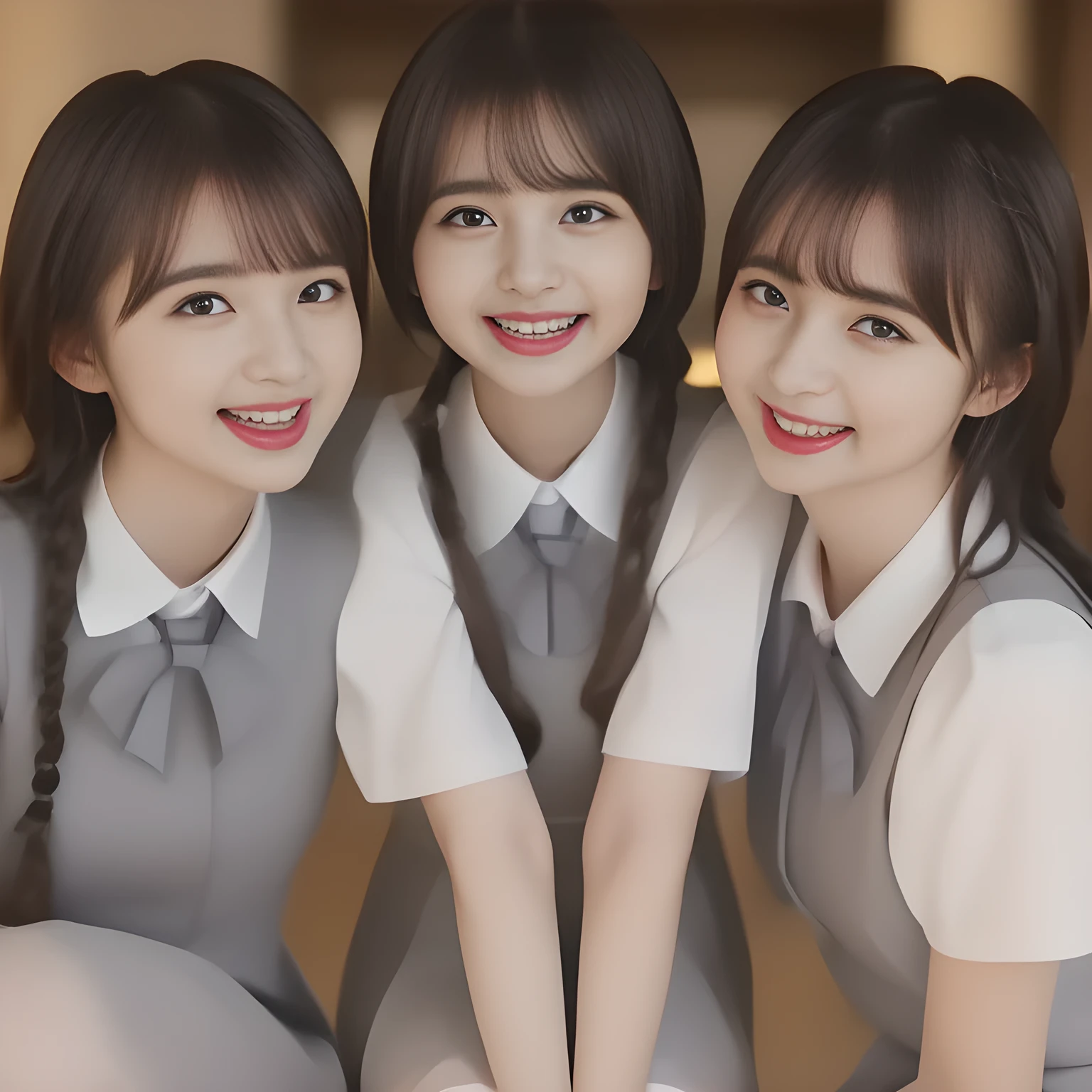 (highest quality, masterpiece, high resolution:1.2), 4K, (Photo quality detailed foreground: 1.2), geometry, (Two neat noble beautiful slender girl, girly very-long-braids-hair too beautiful photo model are seated, looking up the viewer like praying, squeezing and (drinking the viewer), and (giving contempt laughter at the viewer) with her too beautiful eyes like laughing fashion model: 1.7), (Using expensive face-whitening cosmetics to make her skin more beautiful and pure by professional makeup artist: 1.5), ((Light-Gray) Japanese school girly vest Uniform with neat girly light-yellow short-sleeves school blouse, puffed short sleeves: 1.2), (white socks and school loafers: 1.5), (Dark blue glossy glossy school ribbon on the breast: 1.0), (Extremely laughing cheeks: 1.8), (Beautiful light-amber large clear open eyes with balanced and detailed cutely: 1.4), (double eyelids: 1.0), (highly curled bangs: 1.2), (Glossy lips: 1.0), (too long very neat braids hair: 1.7), (white and clear skin: 1.0)