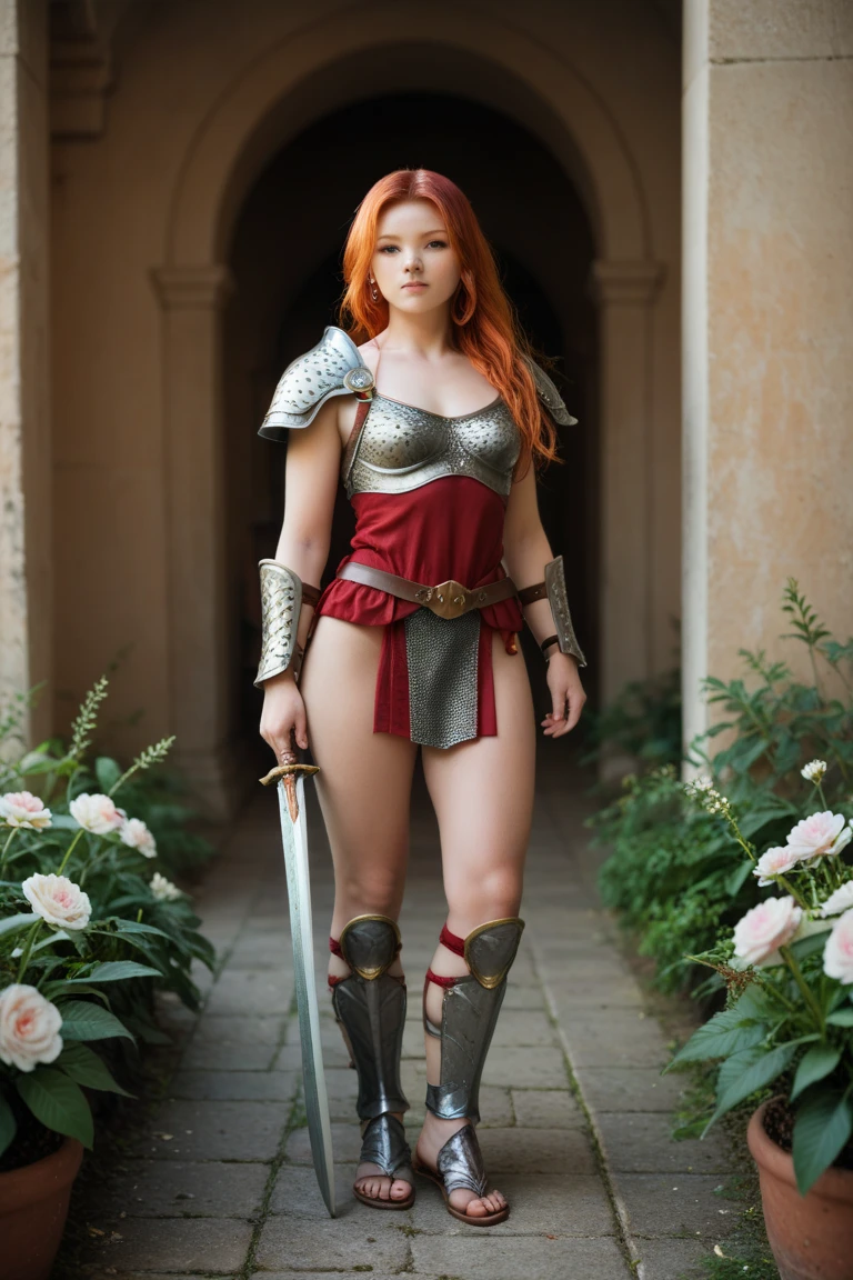 Jennifer Lawrence, as Red Sonja, young, beautiful, ((completely naked1.2)), large breasts, leather belts and arm bands, holding a large sword in her hand, standing in front of a castle gate, smiling, ((full body:1.2)), rear view, butt visible