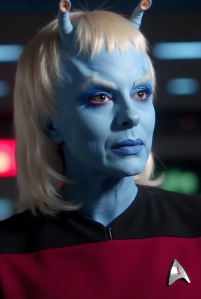 num6, tricia helfer, lips, short hair, looking at viewer, <lora:char_bsg_num6:0.65>, <lora:race_st_andorian:0.75>, andorian woman, white hair, (blue skin:1.1), antennae, white eyebrows, scifi starship background,  <lora:Ds9Divi:0.75> ,  ds9st operations uniform, black and grey, (yellow collar)