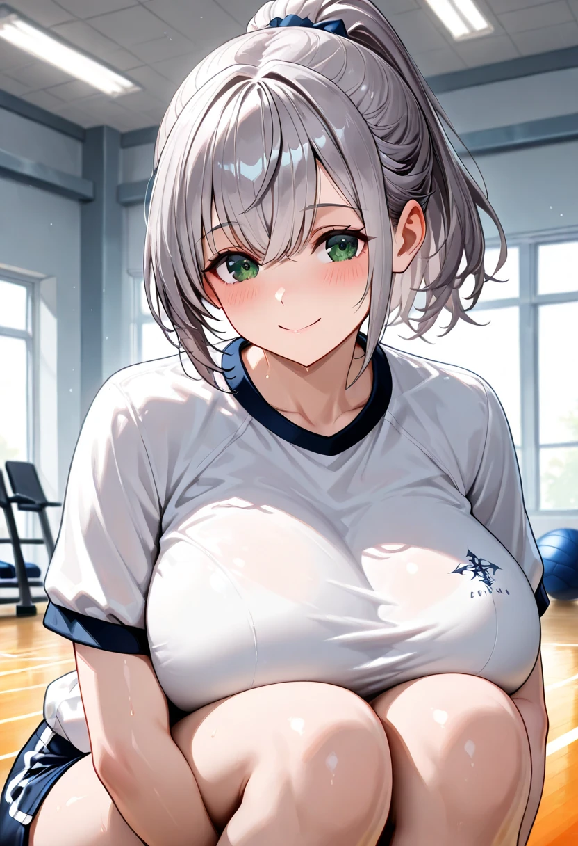 absurderes:1.8、(( buruma:1.4, gym uniform:1.4、schoolyard、show your stomach, Students, students in the background、sitting)), (Tsuki uzaki, milf:1.3, closed eyes , big breasts , grey hair, long hair to one side:1.4, 1woman), Unity 8K Wallpaper, Masterpiece, detailed hair, highly detailed, (embarrassed:1.6、blush:1.6, light smile),
