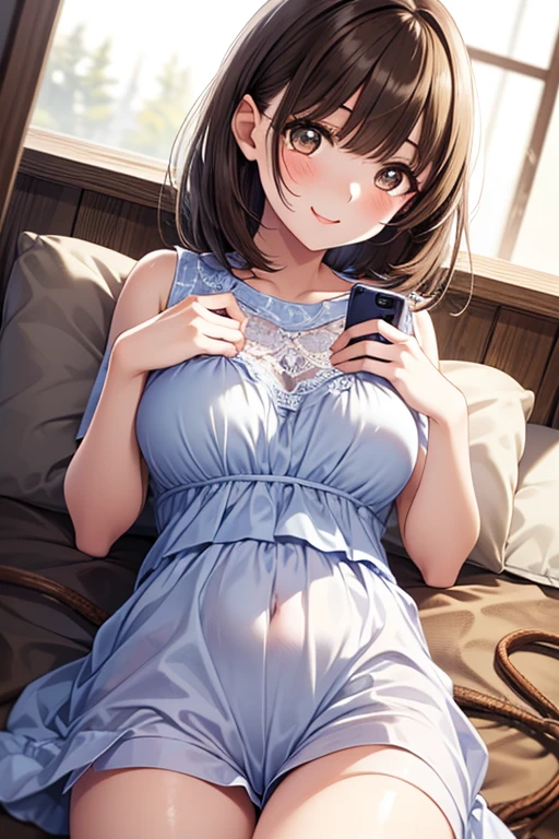 masterpiece, highest quality, One Girl, View your viewers, Tight waist, RAWphotograph,Beautiful fingertips、 Ultra-realistic, High resolution, photograph, Sharp focus, Most detailed, Very detailed, Very detailed, In detail, Very detailed目と顔,Very detailed手と指、Idol、Thighs, beautiful girl,View your audience, Tight waist,Symmetrical face, whole body、((Light nightgown))、ponytail、はだけたThighs、Beautiful belly button、Beautiful cleavage、Shaking breasts、Shyness、Happy expression、(((My Room、stuffed toy、flower、flower瓶)))、(((Looking at your phone on the bed、smile)))