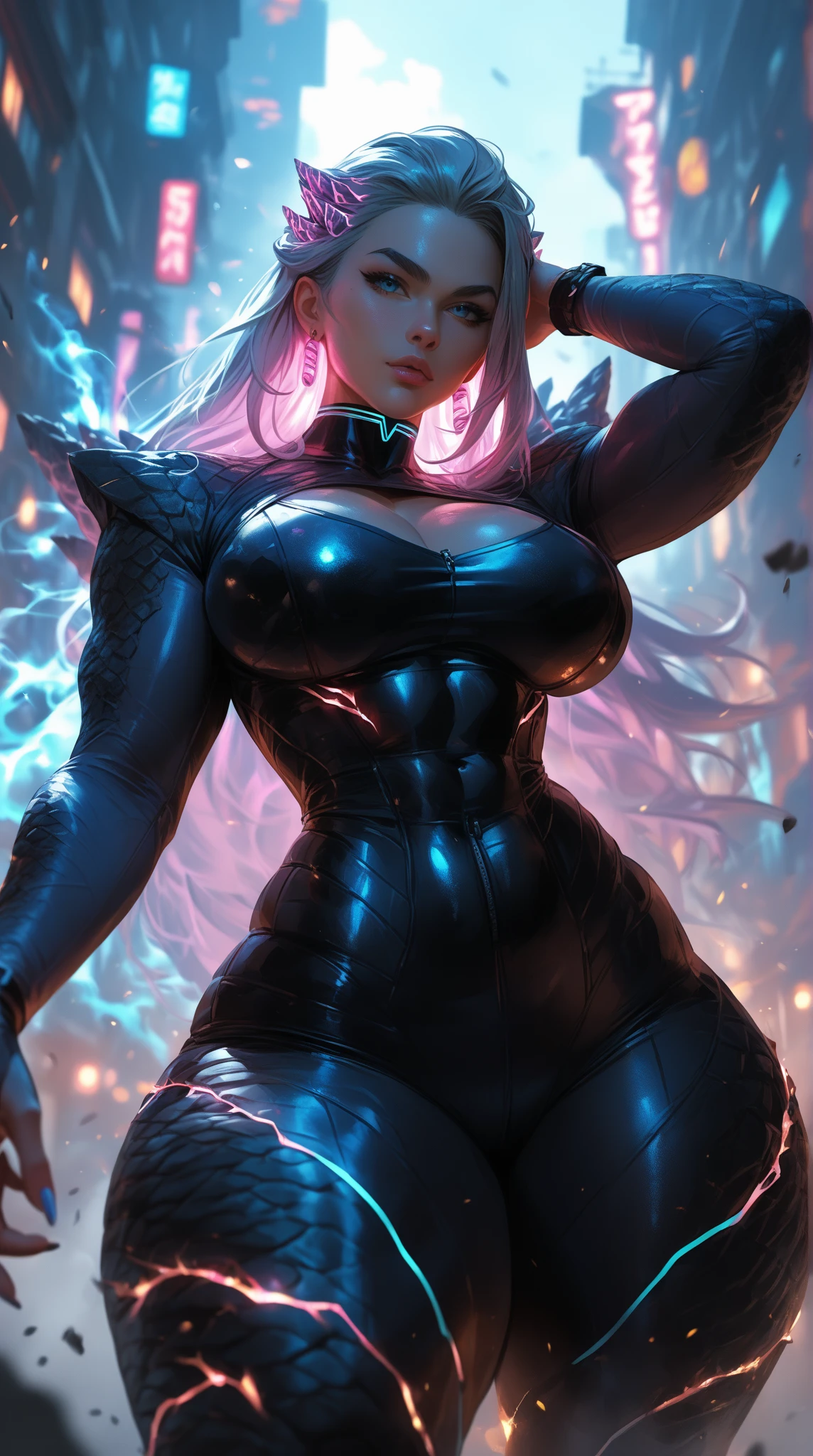 ((ultra quality)), ((masterpiece)), ((Angelic beauty woman)), ((long white curly hair)), ((White hair)), ((fluffy white hair)), ((curly hair)), (beautiful face), (beautiful thick lips), Enchanting ((Calm facial expression)), looks at the camera with a slight smile, (White skin color), (White skin), glow on the body, ((detailed eyes)), ((tattoos)), ((a tattoo on the back)), ((violet eyes)), (juicy female lips), ((Dr. Schoolgirl Costume)), (dark eyeliner), (beautiful female hands), ((thick body)), ideal female body, beautiful waist, beautiful big hips, big breasts, thick thighs, ((Divine and beautiful)) (), ((depth of field)), ((high quality clear image)), (delete details), ((High detail)), ((clear focus))