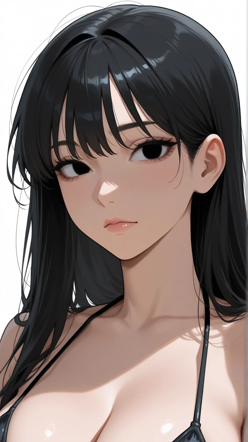 Girl with a gentle and sad smile, black like the night long hair (remove the orange from her hair) and completely white eyes