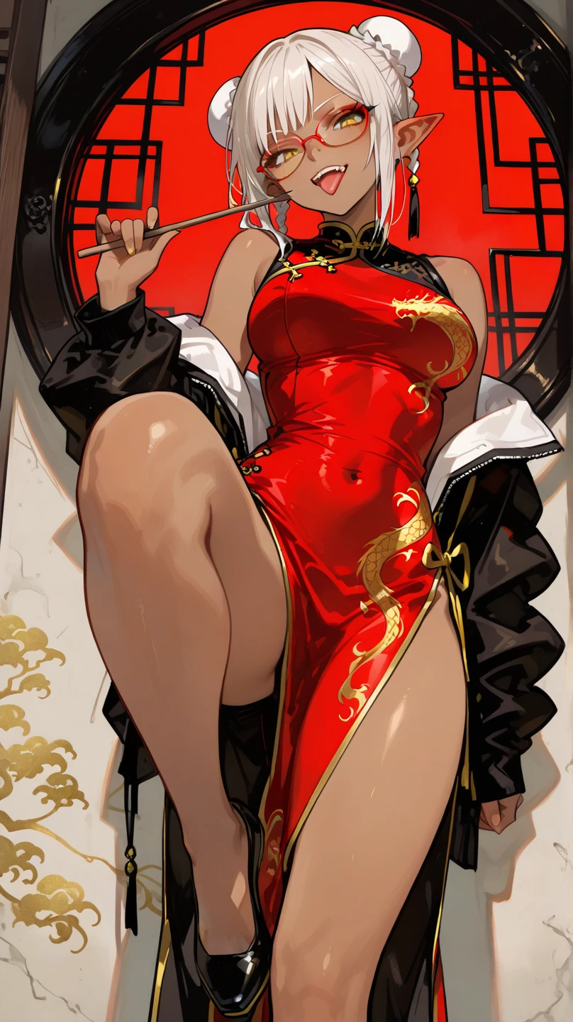 ((Highest quality、masterpiece、Anime Style、Highest quality、High resolution、8k、detailed、ultra-detailed:1.3))、Long legs、Sharp focus:1.2, Beautiful woman with perfect figure:1.4、(smile:1.2), double eyelid、30-year-old woman、Sexy pose、((((Shut your mouth.、One Woman、Chinese clothing:1.5)))),The background is another world