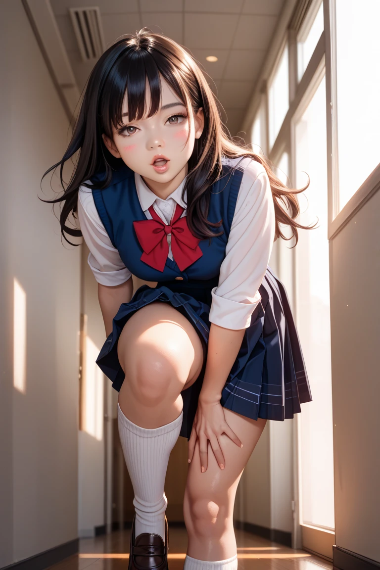 (8K, RAW Photos, Highest quality, masterpiece:1.2), High-quality RAW color photos, Professional photography, Cinematic Light, alone, (((young woman, Gal))), (Sharp features), (Small face), (Skin with attention to detail:1.2), clavicle, Cute face, Beautiful appearance, Long eyelashes, (Brown Hair, blue eyes, Long Hair), Beautiful breasts, (Slim figure:1.4), Highly detailed face and skin texture, , Sailor suit, mini skirt, loose socks:1.スニーカー3feet:1.3, (Dynamic pose:1.0), Embarrassing,Sit on the stairs, School building stairs, Artistic painting,Attractive thighs, Open your thighs, (Very nice touch:1.2), (A shy smile), (Beautiful breasts), (concentrated), (sweating:1.2), (Open your mouth), Highly detailed face and skin texture, Look to the side, from before，(((Spread the word_feet, Pussy, Split_ feet, from before, I can see your underwear)))