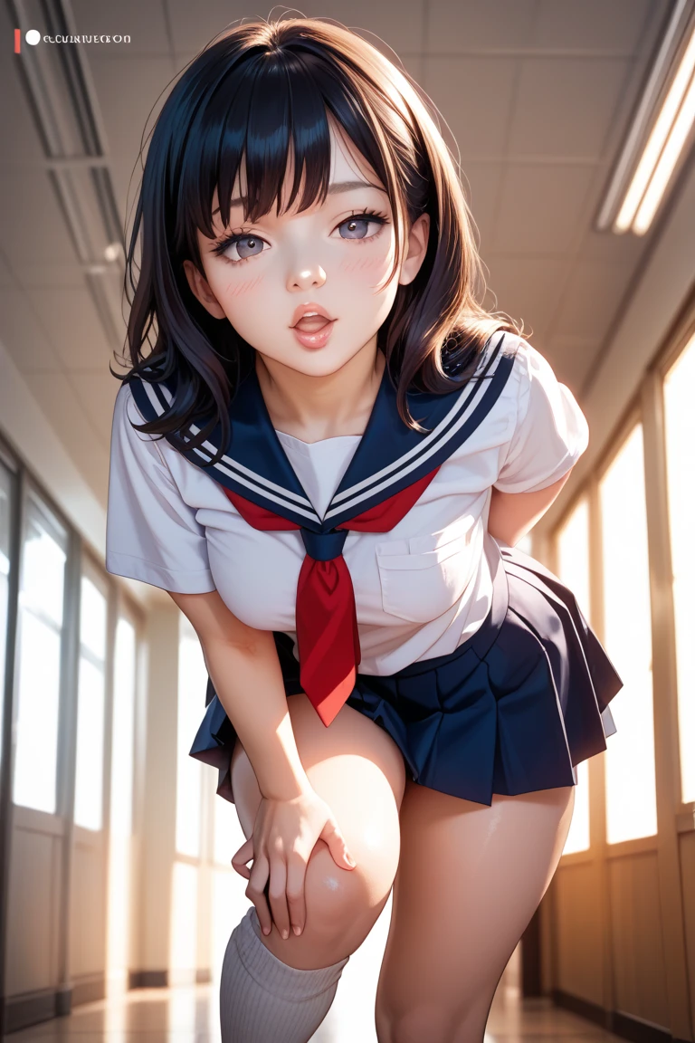 (masterpiece, best quality:1.2), front shot, 1girl, kawaii, (super big breasts, micro waist, very long legs:1.4), Black hair, (medium hair), short height, scrawny and thin body, tiny cute face, overjoyed, serafuku, pigeon-toed, wet and sweaty, big visible ribs, sex with ejaculating super big penis ugly man, Cowgirl position, V sign, Trembling