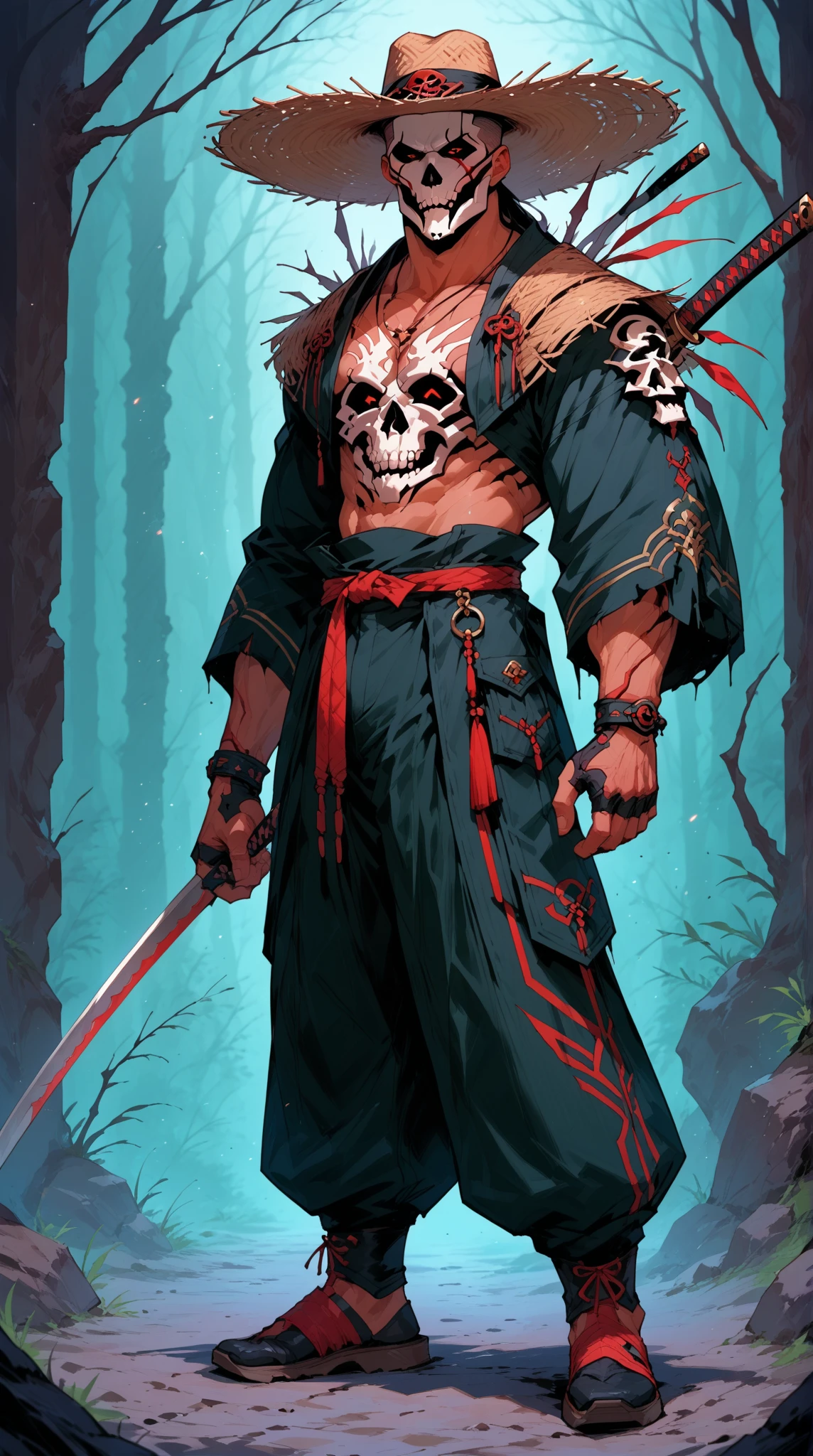 japanese line art , a samurai( tied up to a wooden steak with several arrows stuck in him,:1.2) lower body missing visible skeletal structure , ripped rags, rope and bloody ground, black skies and large moon , floral damask background , in the style of takato yamamoto