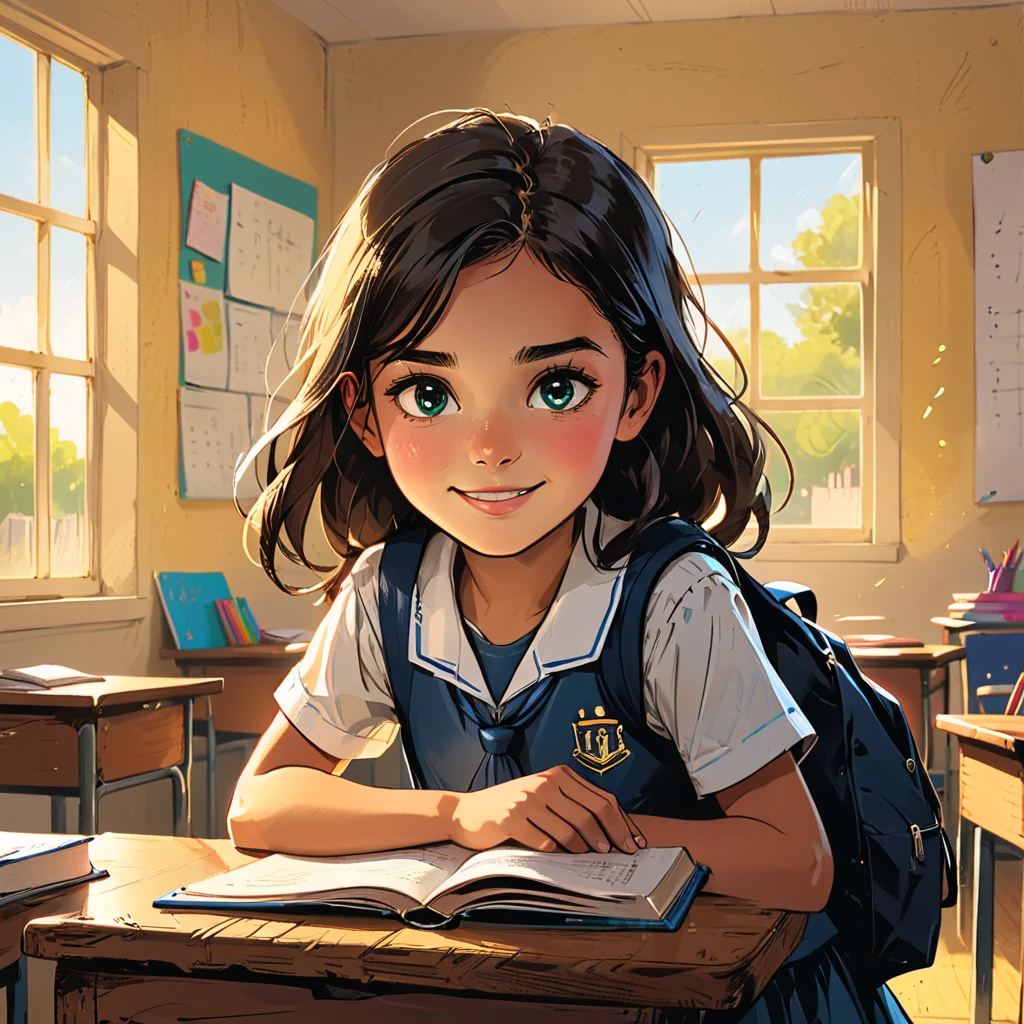 The image shows a girl sitting at a table, with a book and pencil in hand, appearing excited and smiling. She seems ready to study and learn, with an expression of enthusiasm on her face. In Nándor Katona’s painting “Sigara Aşırmak”, the girl is depicted as smiling and happy, with a captivating gaze that draws the viewer’s attention. She is beautiful and has a radiant smile, which brightens up the scene and conveys positivity. In “Girl Sitting at the Table” by Almeida Júnior, the girl is portrayed with a sweet and gentle smile, which conveys a sense of tranquility and peace. She seems to be enjoying the moment, feeling comfortable and safe in her study environment. In the image of Alanis Guillen, by Amelia Peláez, the girl is depicted with a confident and determined smile. She seems ready to face any challenge presented to her, with a firm gaze and courageous posture. Lorena Alvarez is also depicted smiling, in a relaxed and cheerful pose. She seems to be enjoying the moment, which conveys a sense of happiness and contentment to the viewer. In summary, the images depict girls smiling and happy, in different situations, which conveys a sense of positivity and optimism to the viewer. --auto --s2