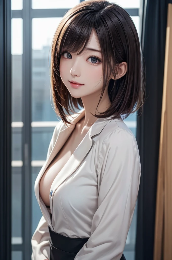 (masuter piece、Best Quality、Top image quality、high-detail、top-quality、Top resolution、Draw everything in high resolution、extremely beautiful lady)、{a sailor suit|hi-school girl|blazers|pleatedskirt|a miniskirt|Colossal tits} student clothes)、Intense crystal light blue eyes、very pale colored eyes、Smaller diamond-shaped earrings、Look firmly at the camera、Put your ears out、Beautiful hair、Beautiful very short beautiful hair with bangs、Medium Shorthair、Show off all the beautiful décolletés、Beautiful 28 years old、lipgloss、long neck、Happy smile、Cute smile、Beautiful teeth alignment、Beautie、Pretty Woman、Pure white business shirt with open chest、Illuminate the light from the windowsill、slightly larger eyes、Very mature and beautiful woman、a small face、tall supermodel、Supermodel with broad shoulders、very beautiful big udder、Beautiful cleavage、Background is a scene of a school classroom