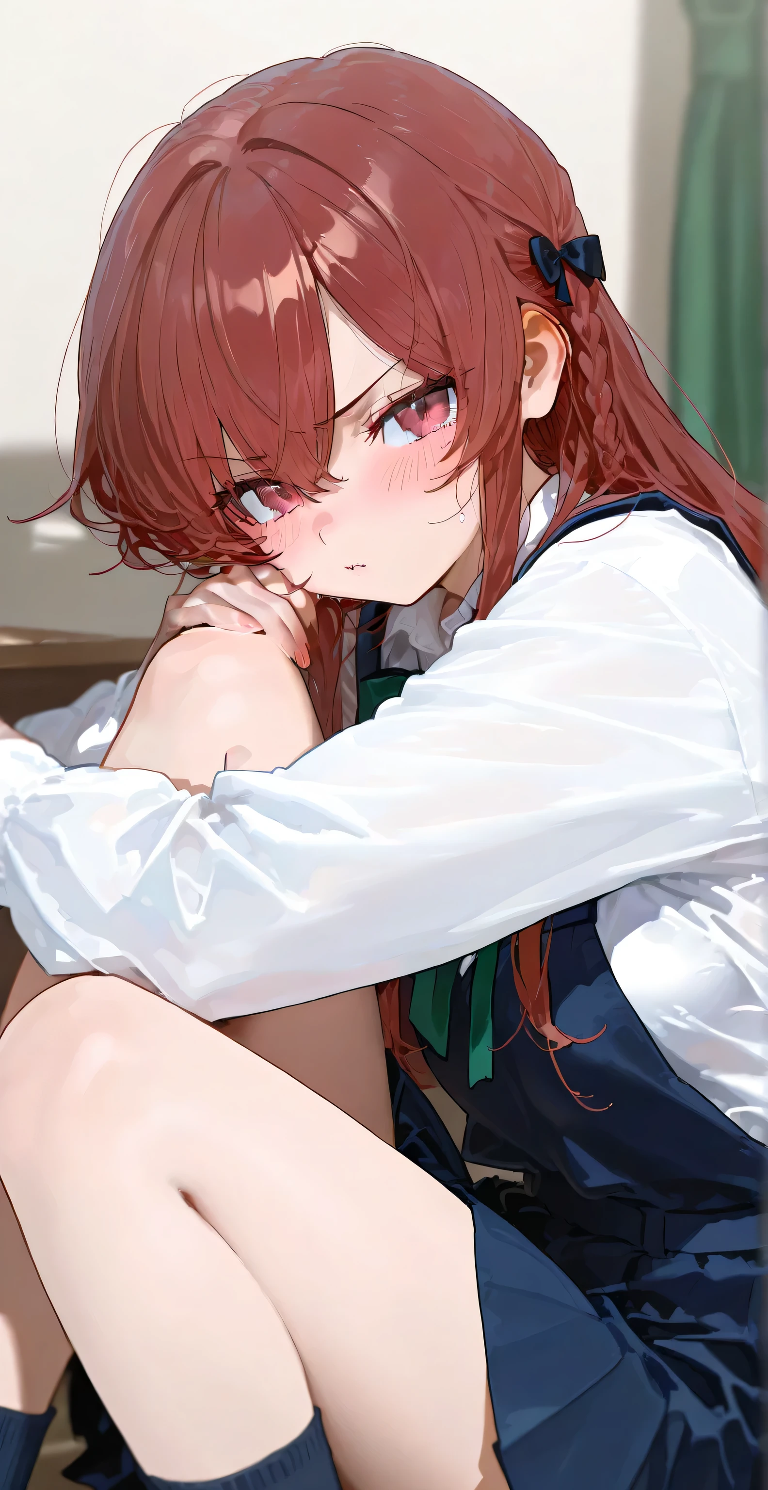 (masterpiece, best quality:1.2), extremely detailed, soft ambient lighting, sharp focus, 4K, BREAK kobayashi \(maidragon\), 1girl, solo, ponytail, glasses, sanpaku, red eyes, white shirt, red hair, collared shirt, pants, yellow tie, flat chest, BREAK indoors, living room, lying on couch, drowsy, looking at viewer, blush,