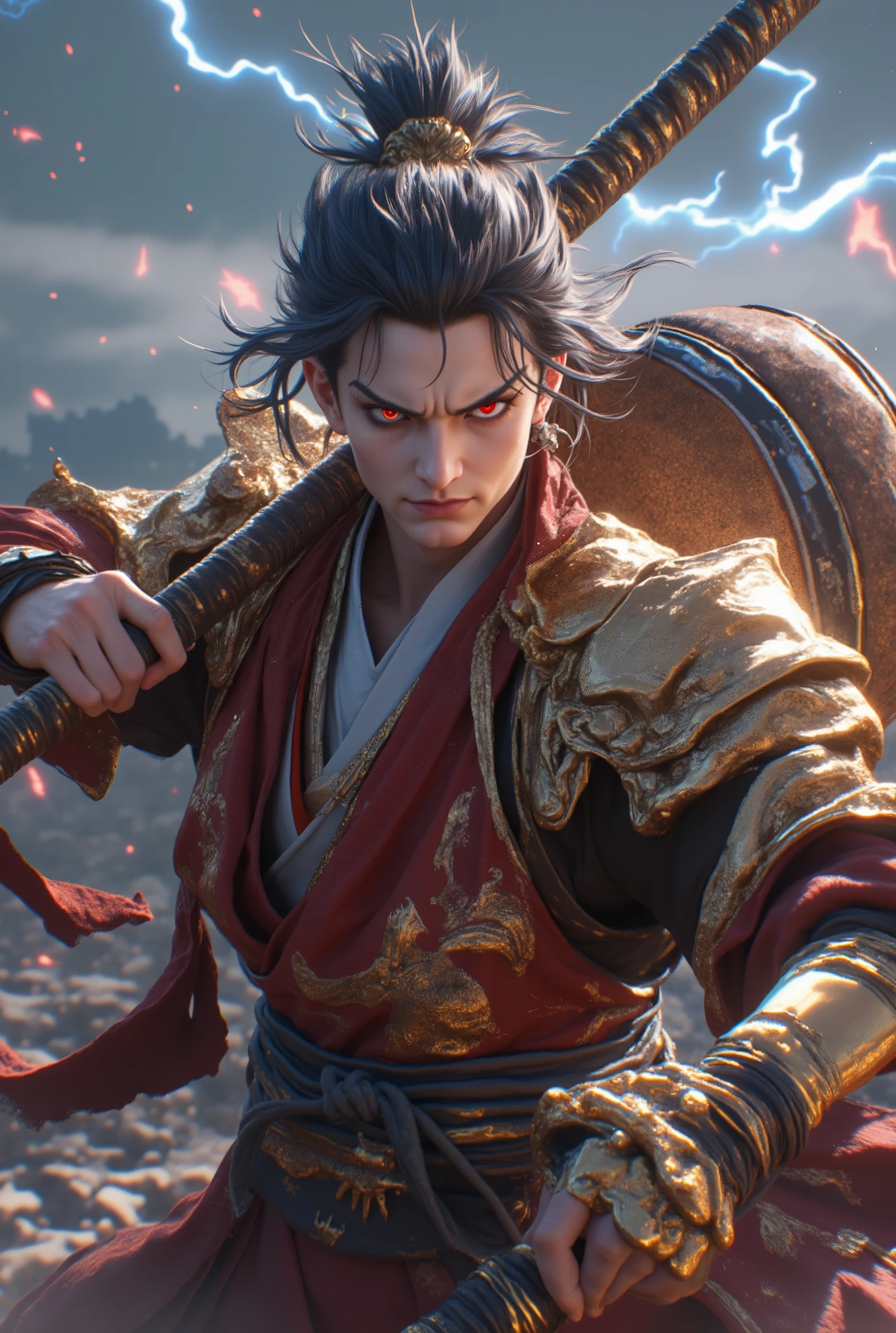 “Anime-style male warrior wearing golden and red japanese armor, wielding a metal staff similar to Monkey King’s weapon. Behind him are have tomoe drum resembling God Enel from One Piece. He strikes a dynamic battle-ready pose with fierce determination in his eyes. The background features a stormy battlefield with lightning illuminating the scene.”