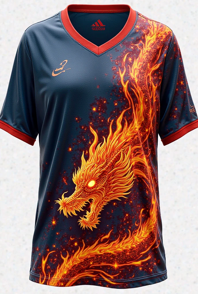 Create a school futsal interclass shirt,that has a mystical dragon design and lightning bolts in the print,and that it be white and gold.