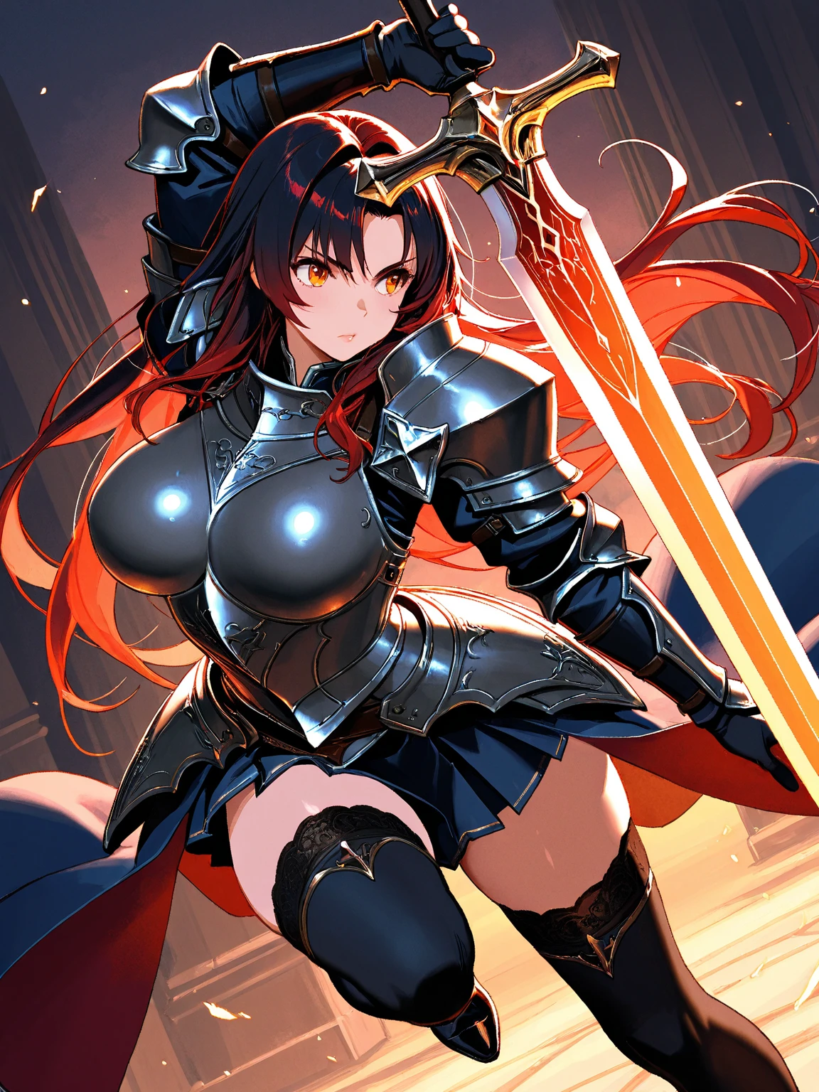 (masterpiece), best quality, fantasy art, 1girl, a girl in metal armor holding sword, ((sword of flame)), ((close-up of sword)), (huge sword), PlantedSword,(holding sword). pink_dress, white_armor,cropped shoulders armor, plate armor, armor dress,gauntlets, ((red hair)), long hair, tiara,cleavage, thighs, thighhighs,glaring, weapeon, (sword:1.3),PlantedSword, full moon