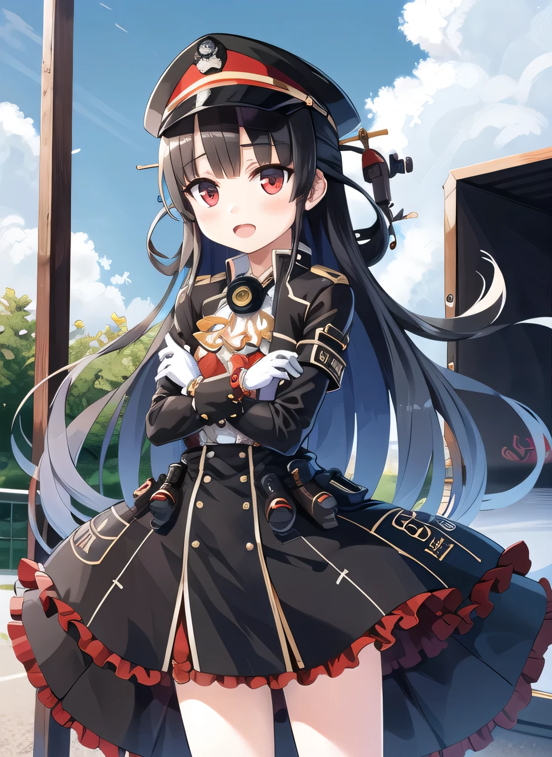 1 girl, Master Class,best quality, illustrations, outdoor, cowboy_shots, 8620 default , bracelet, black_hat, black_skirt, Crop_jacket, hair_ring, half_ updo to the chest,length_sleeve,black_jacket, high waist_skirt, peaked_ cap, suspenders_skirt, white_Ascot, white_gloves, open_jacket,