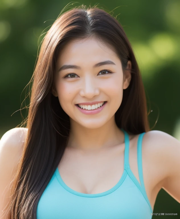 body is facing the front, She is facing the viewer, (the body turns of the viewer), , Teen Girls、drill hair、Brown hair、A slight smil、cute little、((top-quality、8K、masterpiece:1.3))、sharp focus:1.2、An ultra-high picture quality、top-quality、masterpiece、natural soft light、The upper part of the body、the setting sun, , sport bra, smile, Do not emphasize the top of the bust,