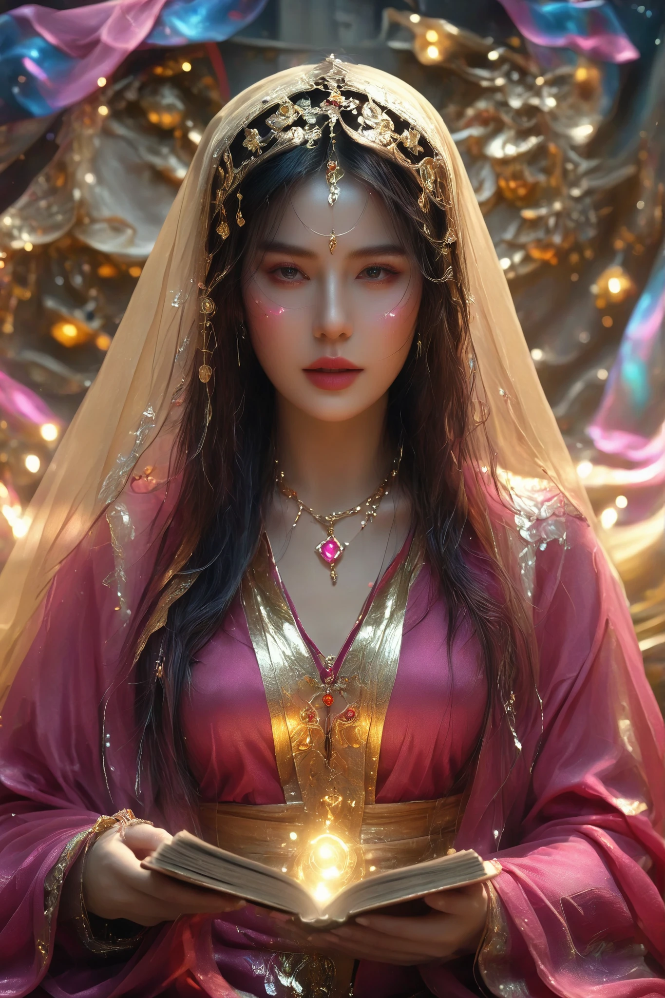 Magnificent, A robed astrologer sits quietly at a table covered with symbols,showing up a gypsy tarot cards in her hand,sits on the Zodiac table cloth,glowing eyes,glowing colorful zodiac, There is arabic text at the bottom of the card, fit snugly on face, Tarot, Very high texture quality, Front and sides, Full of mysterious magic, the Front and sides are on the card, The overall color is dark pink and bright gold, Reflective shiny gold, Ultra-detailed face, Ultra-fine clothing texture, Ultra Detailed,glowing golden aura background