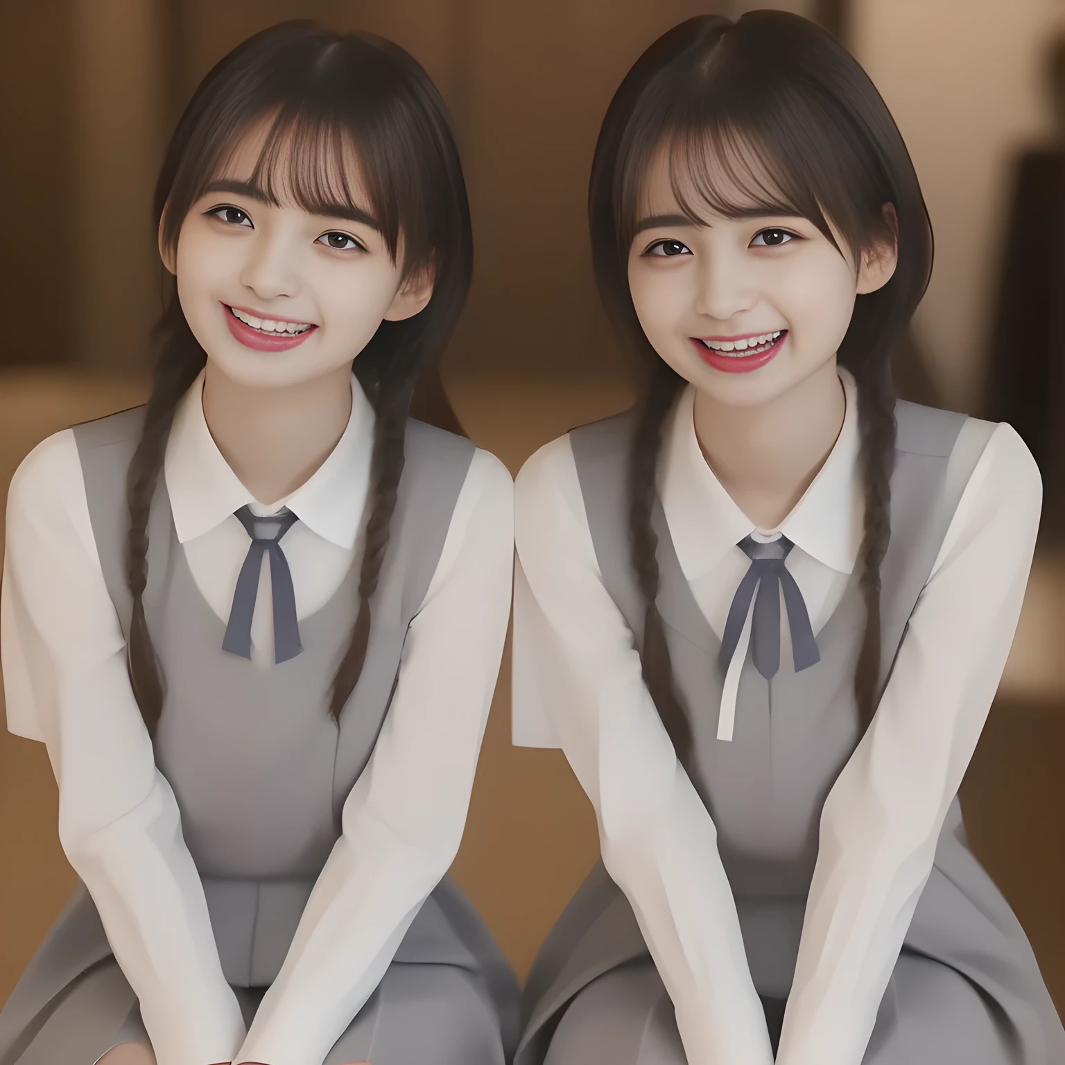 (highest quality, masterpiece, high resolution:1.2), 4K, (Photo quality detailed foreground: 1.2), geometry, (Two neat noble beautiful slender girl, girly very-long-braids-hair too beautiful photo model are seated, looking up the viewer like praying, squeezing and (drinking the viewer), and (giving contempt laughter at the viewer) with her too beautiful eyes like laughing fashion model: 1.7), (Using expensive face-whitening cosmetics to make her skin more beautiful and pure by professional makeup artist: 1.5), ((Light-Gray) Japanese school girly vest Uniform with neat girly light-yellow short-sleeves school blouse, puffed short sleeves: 1.2), (white socks and school loafers: 1.5), (Dark blue glossy glossy school ribbon on the breast: 1.0), (Extremely laughing cheeks: 1.8), (Beautiful light-amber large clear open eyes with balanced and detailed cutely: 1.4), (double eyelids: 1.0), (highly curled bangs: 1.2), (Glossy lips: 1.0), (too long very neat braids hair: 1.7), (white and clear skin: 1.0), (Give me max ecstasy together: 2)