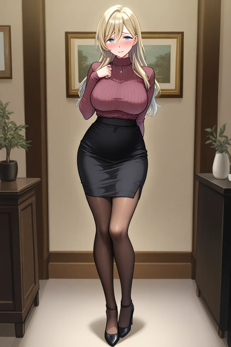 (over the shoulder pov), (Best quality: 1.5), (masterpiece: 1.5), (2.5D), (vivid colors), (1 character), (exaggerated proportions), (hentai), (perfect anatomy), (character in center), (absurd), (4k wallpaper), (eyes detailed), (perfect hands), (perfect fingers), (beautiful skin), (glowing skin), (perfect shadows), (perfect lighting), (full body), (beautiful eyes), (masterpiece), (body voluptuous ), (pretty face), milf adult woman, blonde hair with a low and slightly disheveled ponytail, green eyes, wears glasses, wears a knee-length dress with long lace sleeves fitted at the waist and with a moderate V-neckline, cheerful and affectionate expression, mature milf face, huge breasts, huge thighs, huge butt, voluptuous body, good proportions, she is standing in the main room of a house with a broken television behind her