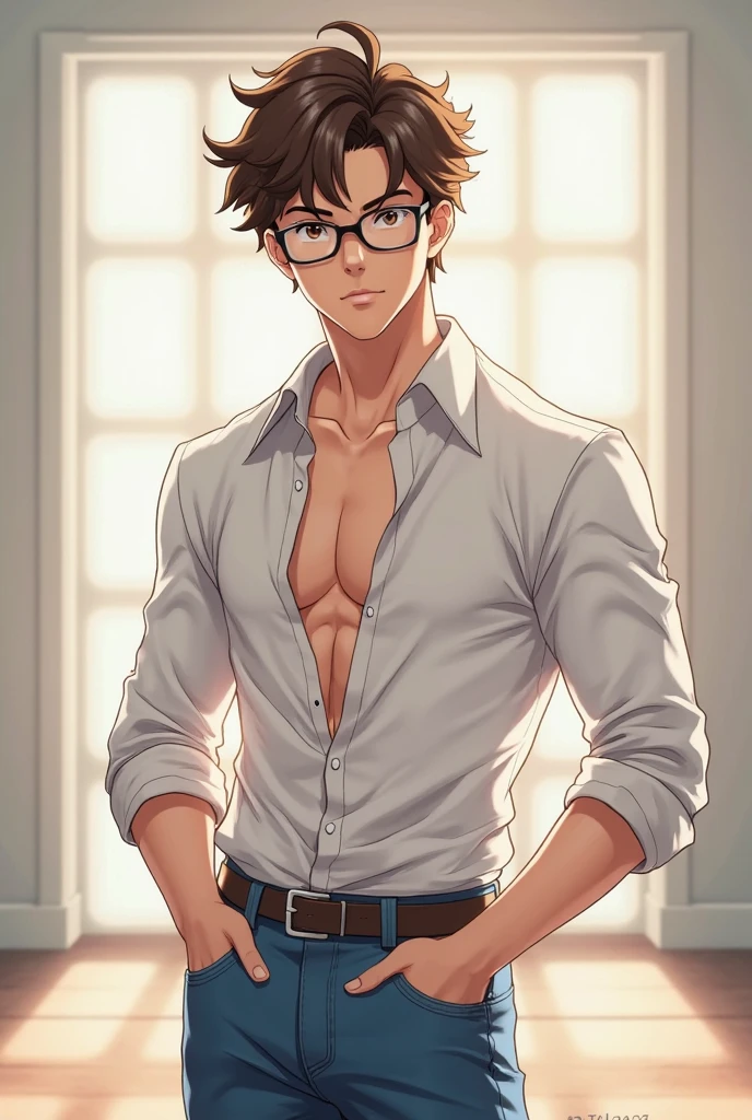 best quality, masterpiece, extremely detailed, handsome young man, skinny build, messy curtain bangs, thick-rimmed glasses, cute preppy college uniform, he hugs some books tightly to his chest, gay, homoerotic, romantic atmosphere, ambient lighting, extremely dramatic shadows, perfection, no watermark, no logo, no signature