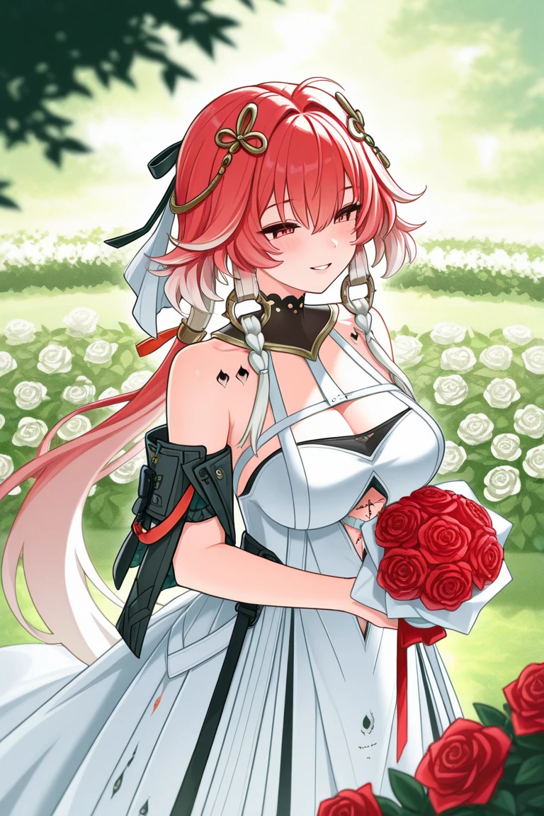(masterpiece:1.2), (best quality:1.2), (highres:1.2), (absurdres:1.2), (promotional art:1.2), (shadow:1.2), (bloom:1.2), (flower field:1.2), (petals:1.2), solo, elphelt valentine, blue eyes, pink hair, ahoge, short hair, light smile, rabbit ears, cleavage, bridal veil, spiked hairband, juliet sleeves, red gloves, clover, shoulder spikes, red belt, <lora:elphelt valentine-000024:0.7>