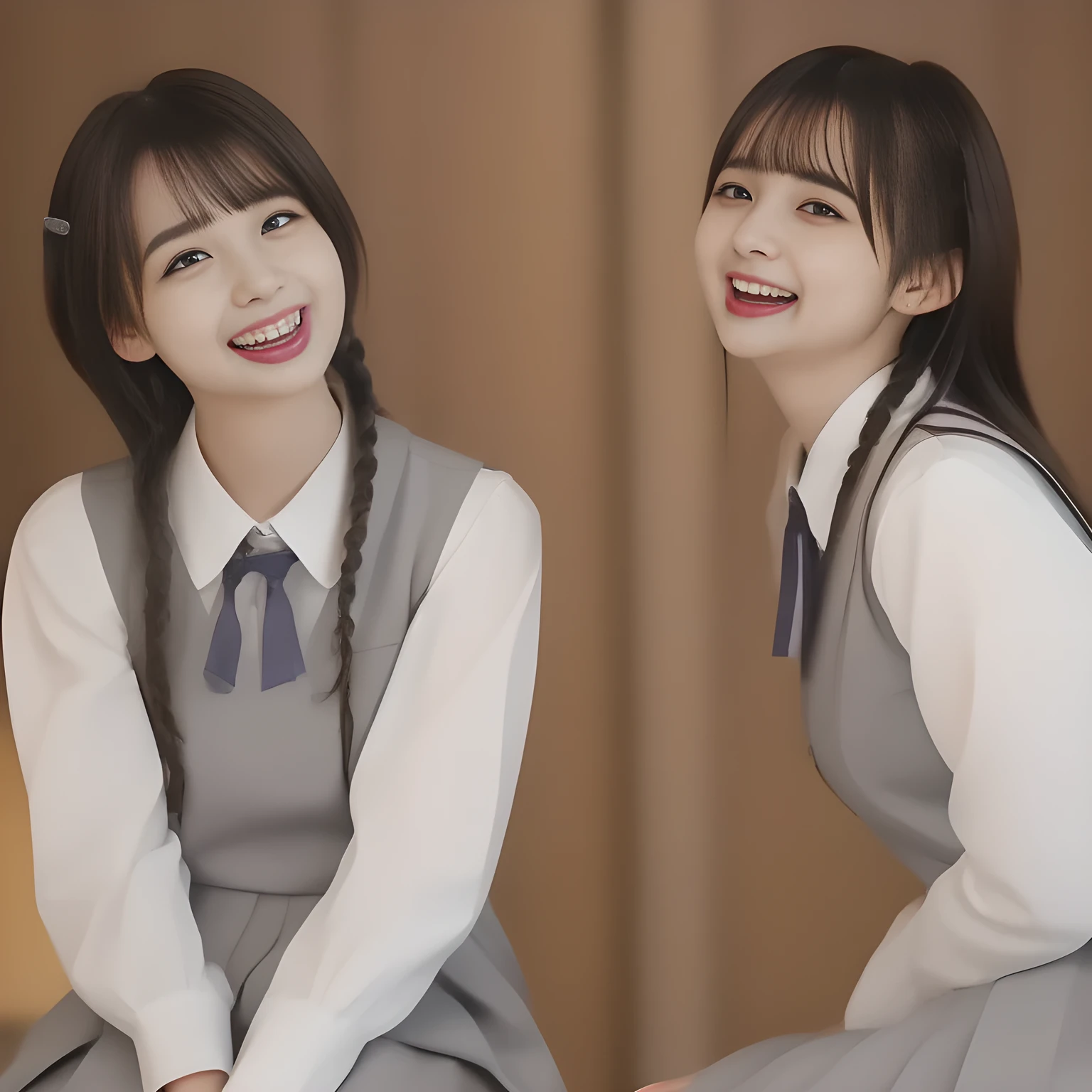 (highest quality, masterpiece, high resolution:1.2), 4K, (Photo quality detailed foreground: 1.2), geometry, (Two neat noble beautiful slender girl, girly very-long-braids-hair too beautiful photo model are seated, looking up the viewer like praying, squeezing and (drinking the viewer), and (giving contempt laughter at the viewer) with her too beautiful eyes like laughing fashion model: 1.7), (Using expensive face-whitening cosmetics to make her skin more beautiful and pure by professional makeup artist: 1.5), ((Light-Gray) Japanese school girly vest Uniform with neat girly light-yellow short-sleeves school blouse, puffed short sleeves: 1.2), (white socks and school loafers: 1.5), (Dark blue glossy glossy school ribbon on the breast: 1.0), (Extremely laughing cheeks: 1.8), (Beautiful light-amber large clear open eyes with balanced and detailed cutely: 1.4), (double eyelids: 1.0), (highly curled bangs: 1.2), (Glossy lips: 1.0), (too long very neat braids hair: 1.7), (white and clear skin: 1.0), (Give me max ecstasy together: 2)