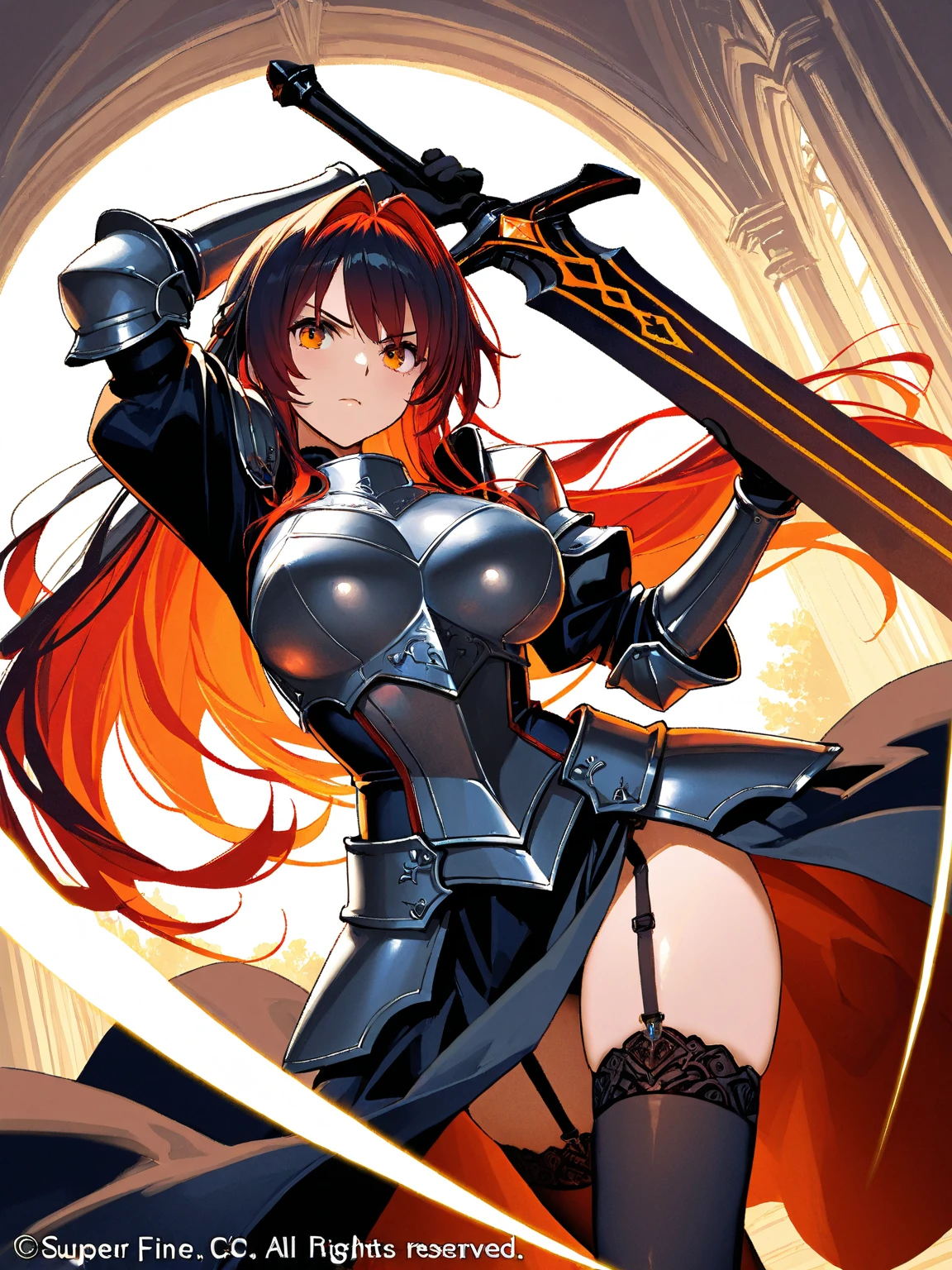 Izayoi (blazblue), orange eyes, red hair, ponytail, long hair, Small breasts, armor, bodysuit, boots, skin tight, skirt, thigh boots, thighhighs, 1girl, solo, facing viewer, looking at viewer, upper body, smile,