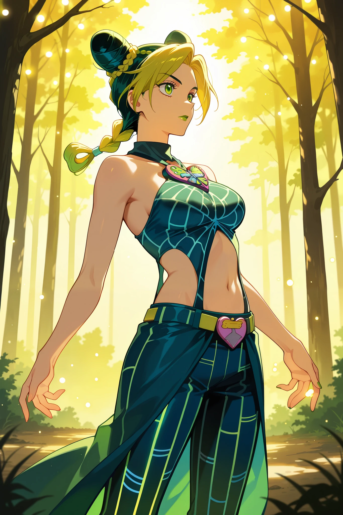 highres, newest, anime_screenshot, anime_coloring, 2d, 1girl, kuujou jolyne, detailed facial features, elegant posture, serene expression, graceful movement, delicate hands, flowing hair, intricate costume details, lush fantasy landscape, enchanted forest, glowing magical lights, warm golden sunlight, soft dreamy atmosphere, digital painting, masterpiece, 8k, hyper detailed, vibrant colors, dramatic lighting
