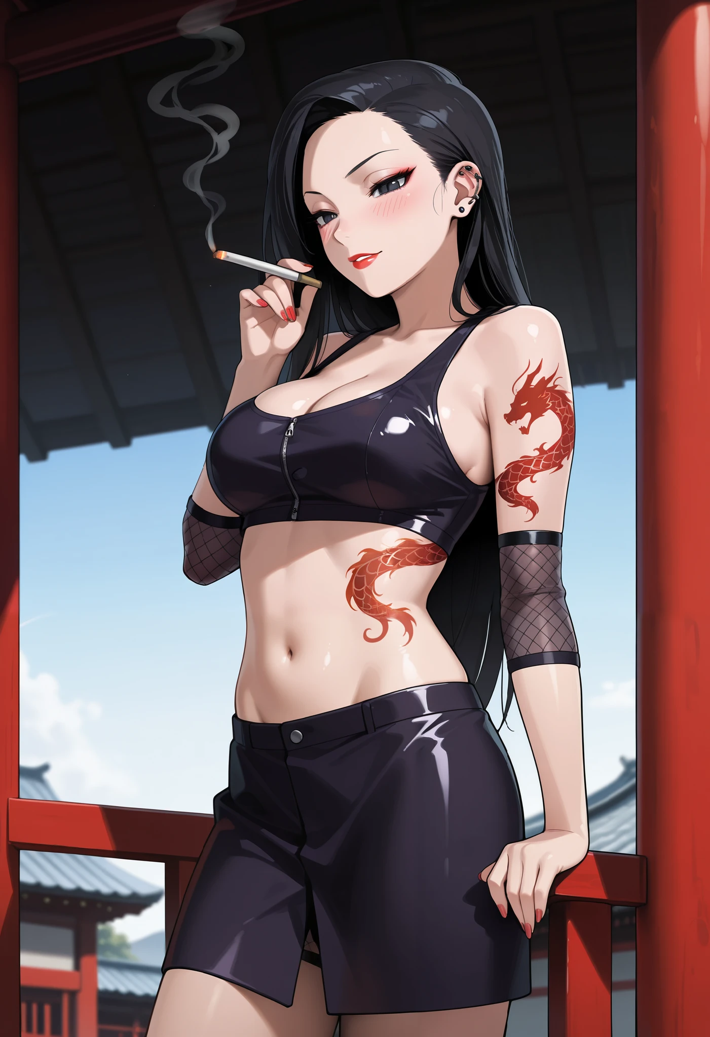 InoLongHairShipuuden, 1girl, , ear piercing, long hair, blush, lipstick,Hot girl, baddie, smoking, sensual, attractive, midriff, black hair, , large breasts, fishnets, black eyes, crop top, bare shoulders, navel, skirt, groin, , evil expression, exposed belly, exposed navel, exposed midriff, exposed lower belly, bellybutton , cleavage,, japanese architecture, temple, ,dragon tattoo, narrowed eyes, tattoo midriff,