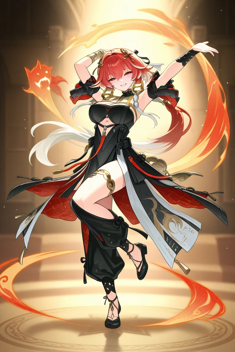 female, black long messy hair, red eyes, black fox ears, nine black fox tails, (((1girl))), (((black kimono with red and gold trim))), (red sash), (black knee high toeless socks), (red heeled sandals), cute and sexy, full body, large breasts, long legs, smiling, cleavage
