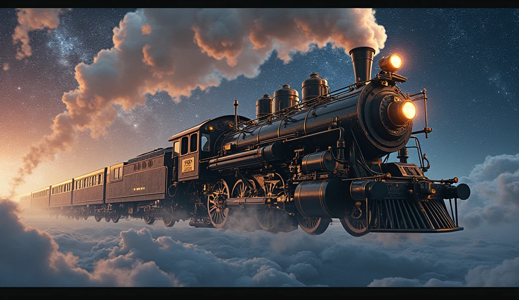 (train flying, misteryous, steampunk style, surrealism, masterpiece),lava,,magicle, crisp,,stars, cosmos, high details, artistic, contrast,shadows, gorgeous, old, cinematic, high details, BREAK clouds,train, velocity, planet on sky, symetric, gorgeous,, perfect, depth, windy, happy, freedom, magicle, impossible, traced lights, wallpaper