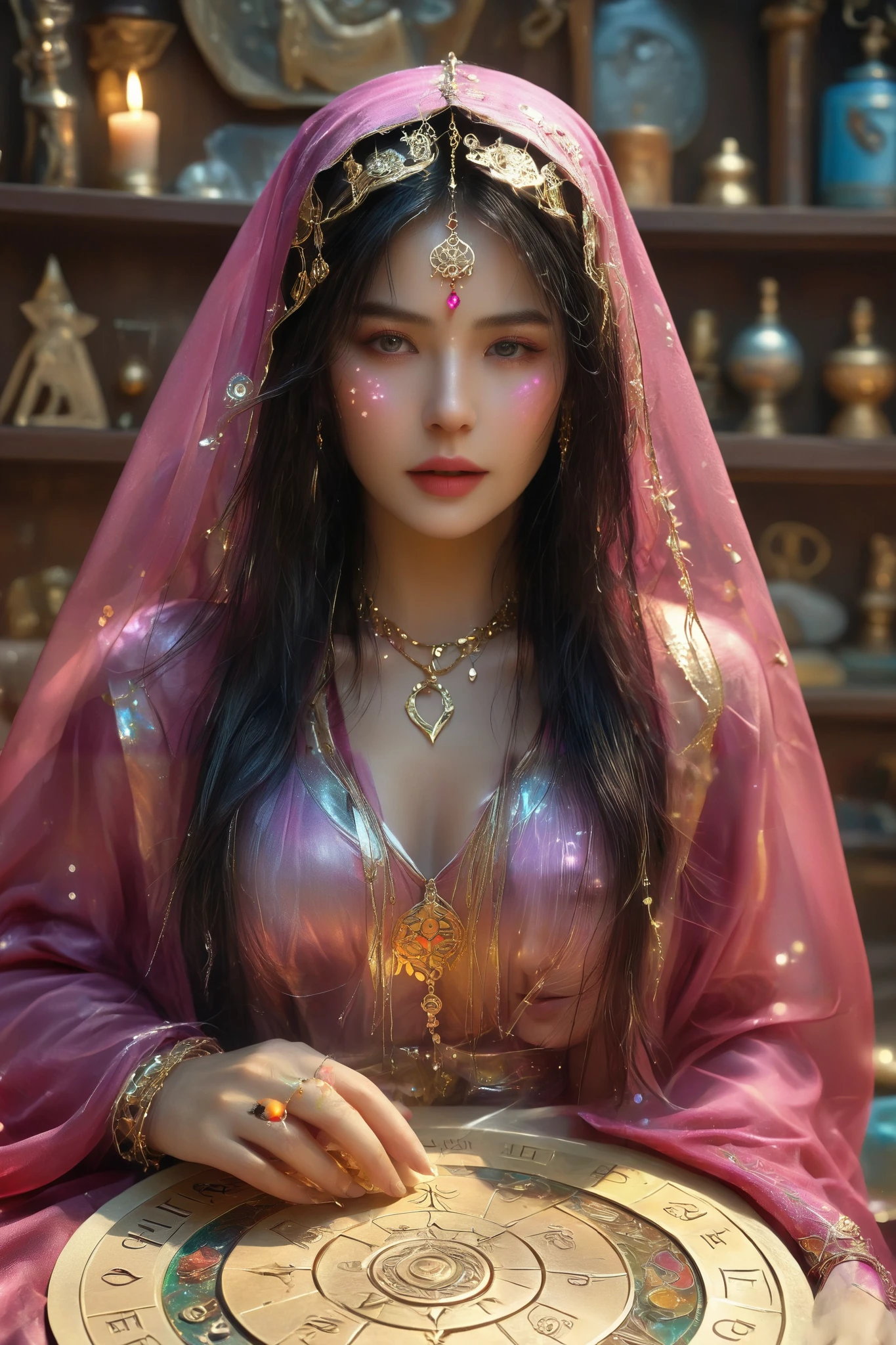Magnificent, A robed astrologer sits quietly at a table covered with symbols,showing up a gypsy tarot cards in her hand,sits on the Zodiac table cloth,glowing eyes,glowing colorful zodiac, There is arabic text at the bottom of the card, fit snugly on face, gold jewelry on her nose and face,Tarot, Very high texture quality, Front and sides, Full of mysterious magic, the Front and sides are on the card, The overall color is dark pink and bright gold, Reflective shiny gold, Ultra-detailed face, Ultra-fine clothing texture, Ultra Detailed,glowing golden aura background
