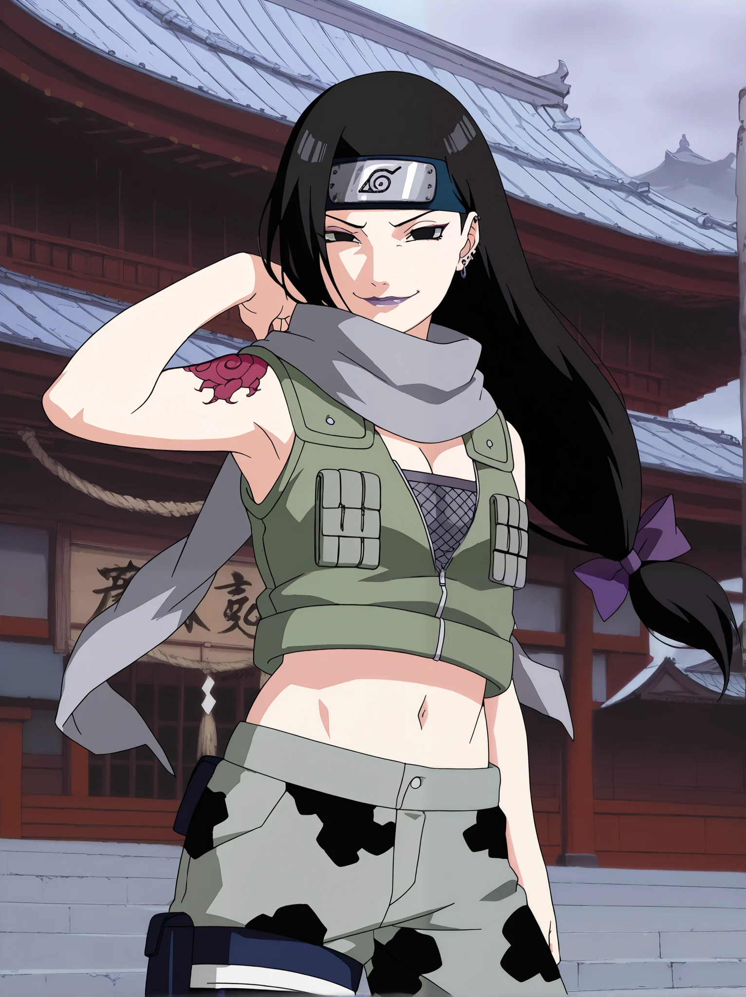score_9, score_7_up, 1girl, solo, kin tsuchi, black hair, low-tied long hair, black eyes, forehead protector, hair bow, green vest, grey scarf, camouflage pants, ,, ear piercing, long hair,, lipstick,Hot girl, baddie, sensual, attractive, midriff, , evil expression, exposed belly, exposed navel, exposed midriff, exposed lower belly, bellybutton , evil smile, smile, cleavage,, japanese architecture, temple, ,dragon tattoo, narrowed eyes, tattoo midriff, Naruto Style