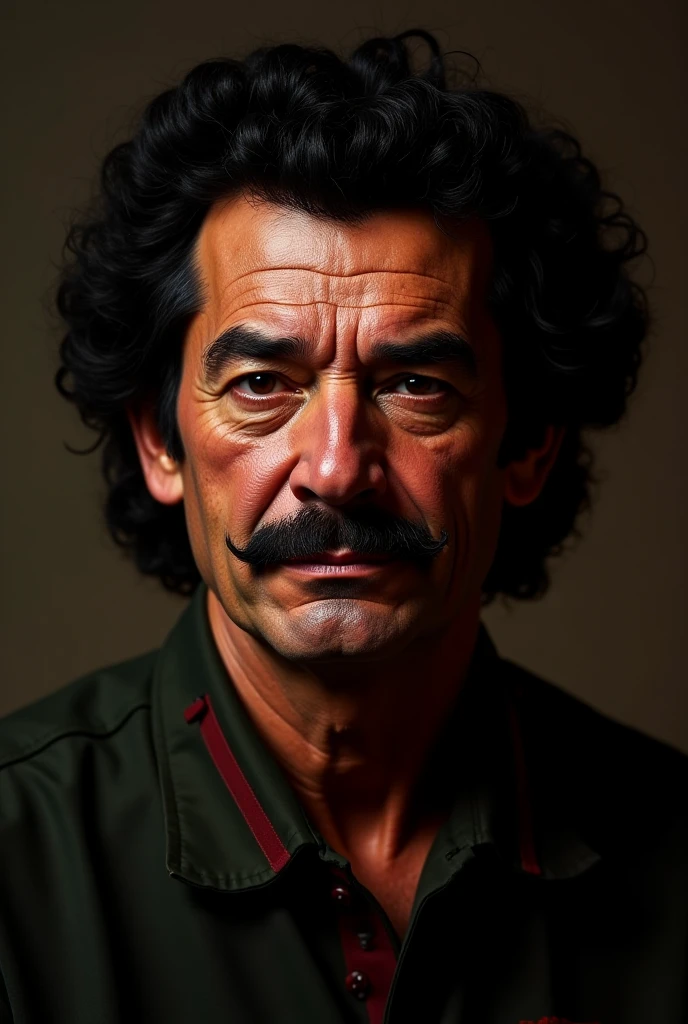 Portrait of a man with dark curly hair and a mustache, wearing a military jacket. He had a thoughtful and somewhat stern expression on his face as he held a cigarette between his fingers. The lighting and composition of the photo indicate that it is most likely a high-quality, professionally taken photograph. Bright colours, vector art.
