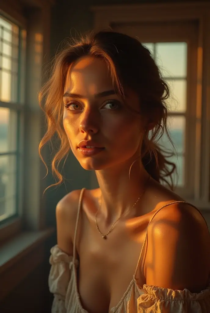 A beautiful woman leaning against the cafe counter, the soft, diffused sunlight from the setting sun casting a golden hue on her skin. The warm light accentuates the curves of her body, creating soft highlights on her face, detailed eyes, lips, and skin texture. The warm glow contrasts with the deep shadows in the cafe's cozy interior, enhancing her figure against the backdrop