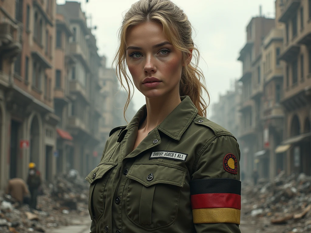 Make a fit woman who works in the navy who is blonde and short in an apocalypse