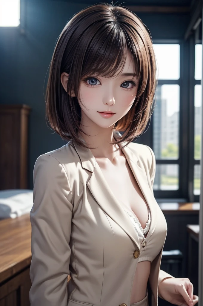 ((Best quality, 8k, Masterpiece :1.3)), 1girl,inside office, Pretty woman with slender,Huge breasts, Bowl Cut Hair,Brown Hair,Half Smile, suits,Ultra-detailed face,Leaning Forward, cute eyes, Double eyelid,Full Body Shot