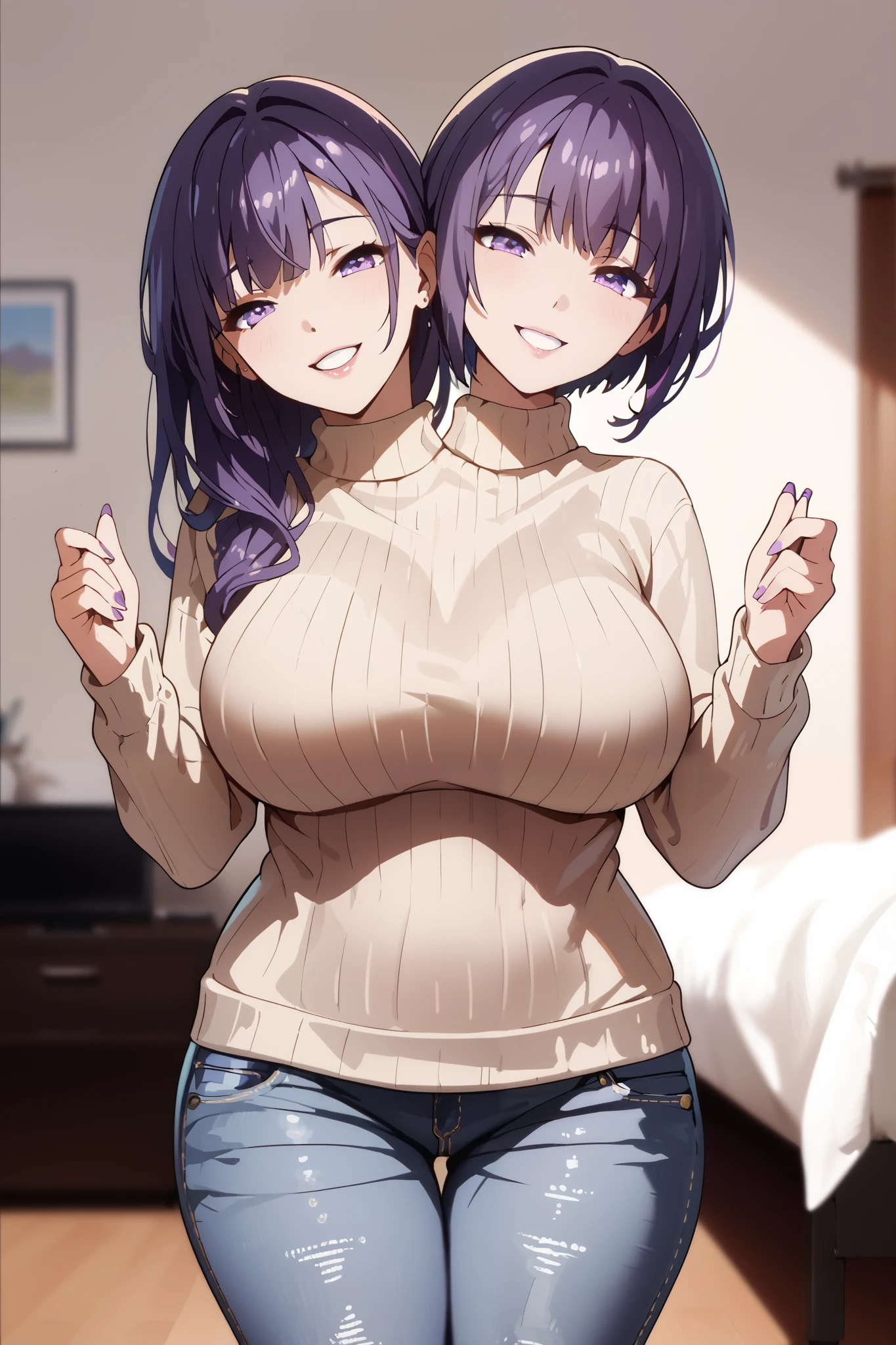 (girl in skinny tight navy jeans), (long jeans), spread legs, sitting on bed, wariza, slim, from above, 25 years old, teacher, short bob cut, black hair, nose blush, wet eyes, troubled eyebrows, round mouth, drool, orgasm, (topless), hard nipple, pink nipple, large breasts, embarrassed, full-face blush, beautiful, best_quality, big ass, ahedao, pov, sweat, hands on her legs, pussy, pubic hair