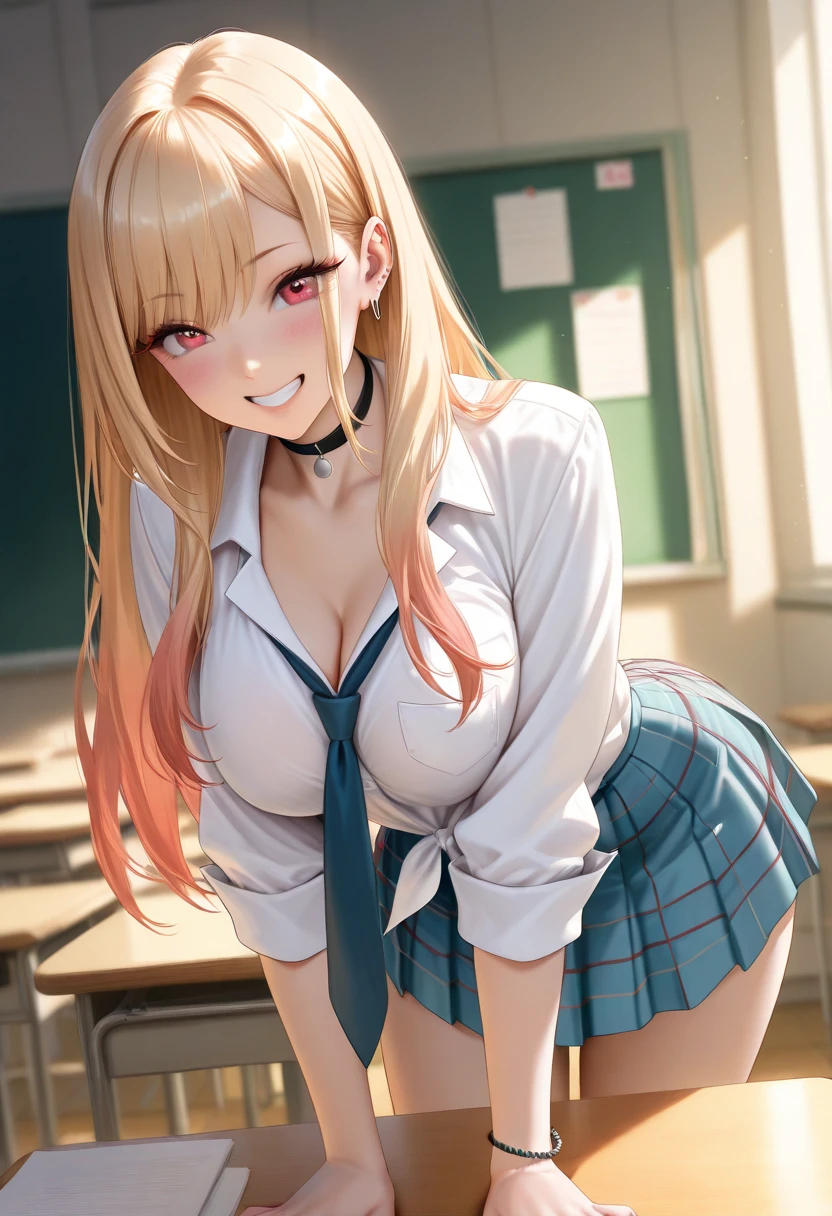 ((open-chest)),((high school girl)),((school uniform)),((White blouse)),(((Pleated mini skirt))), ((A shy smile)),((Beautiful legs)),((Beautiful feet)),((Lace panties)),((Lace bra)),Ultra-high resolution, Mature Woman, Mature Woman, Very detailed, ((Small breasts)), Perfect hands, Detailed fingers, Beautiful details, (((school uniform))),((Long blonde hair)),((Twin tails)),Black choker, Earrings,loafers,(Black Pantyhose), (Black Stockings),Perfect Eyes, Seductive eyes, School classroom,Sit on a chair,Spread your legs wide